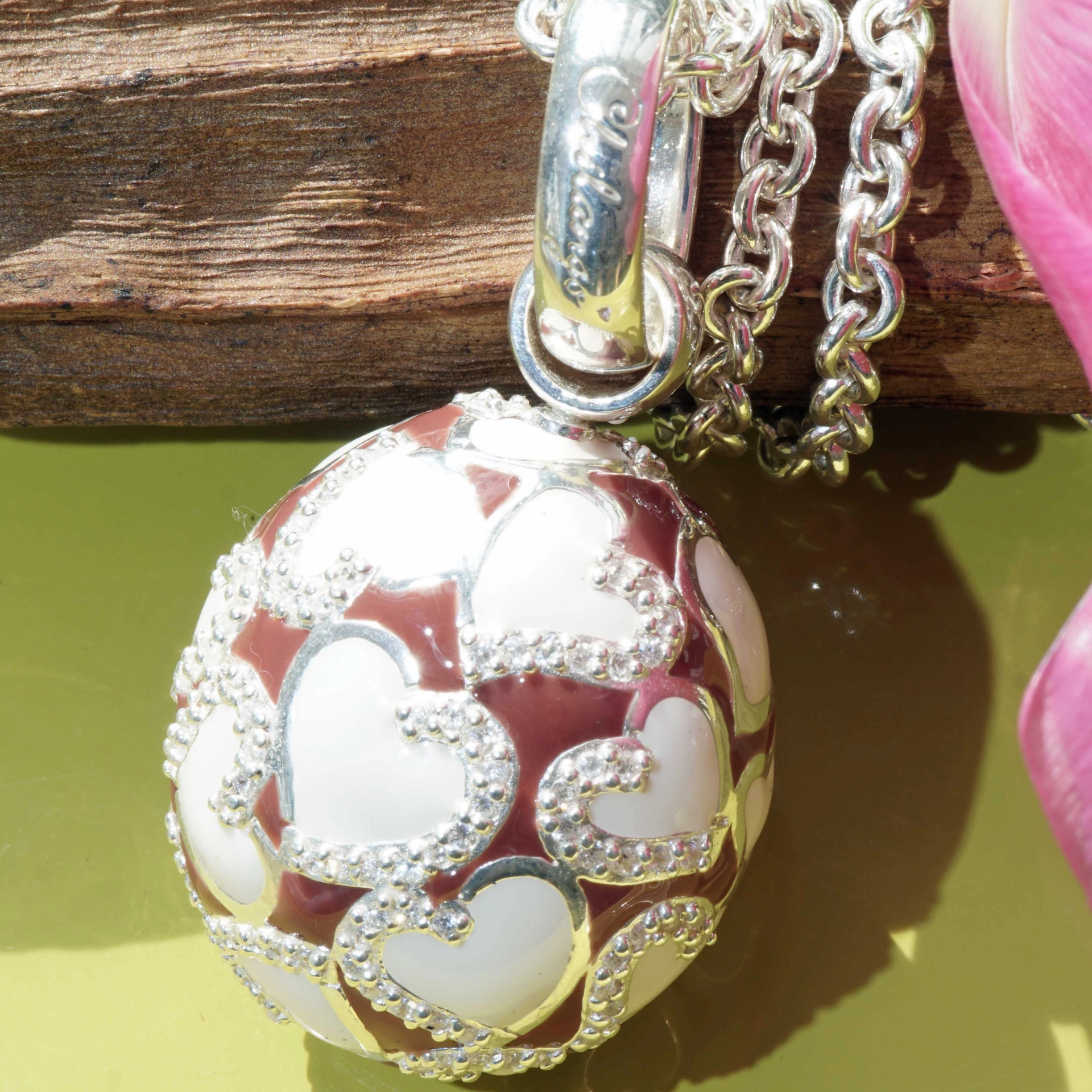 Chilango Pendant Faberge Style Heart red-brown 925 Silver Enamel