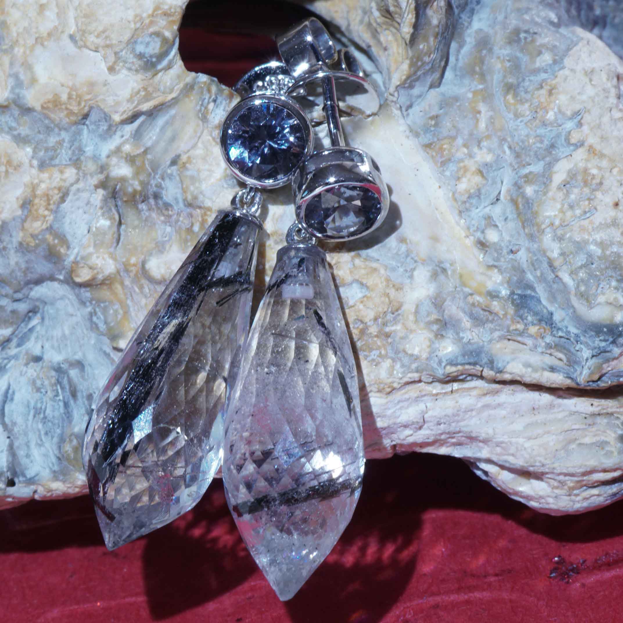 Long Spinel Rutilated Quartz Stud Earrings in Cool Glacier Colors... hot Ice... in 585 White Gold