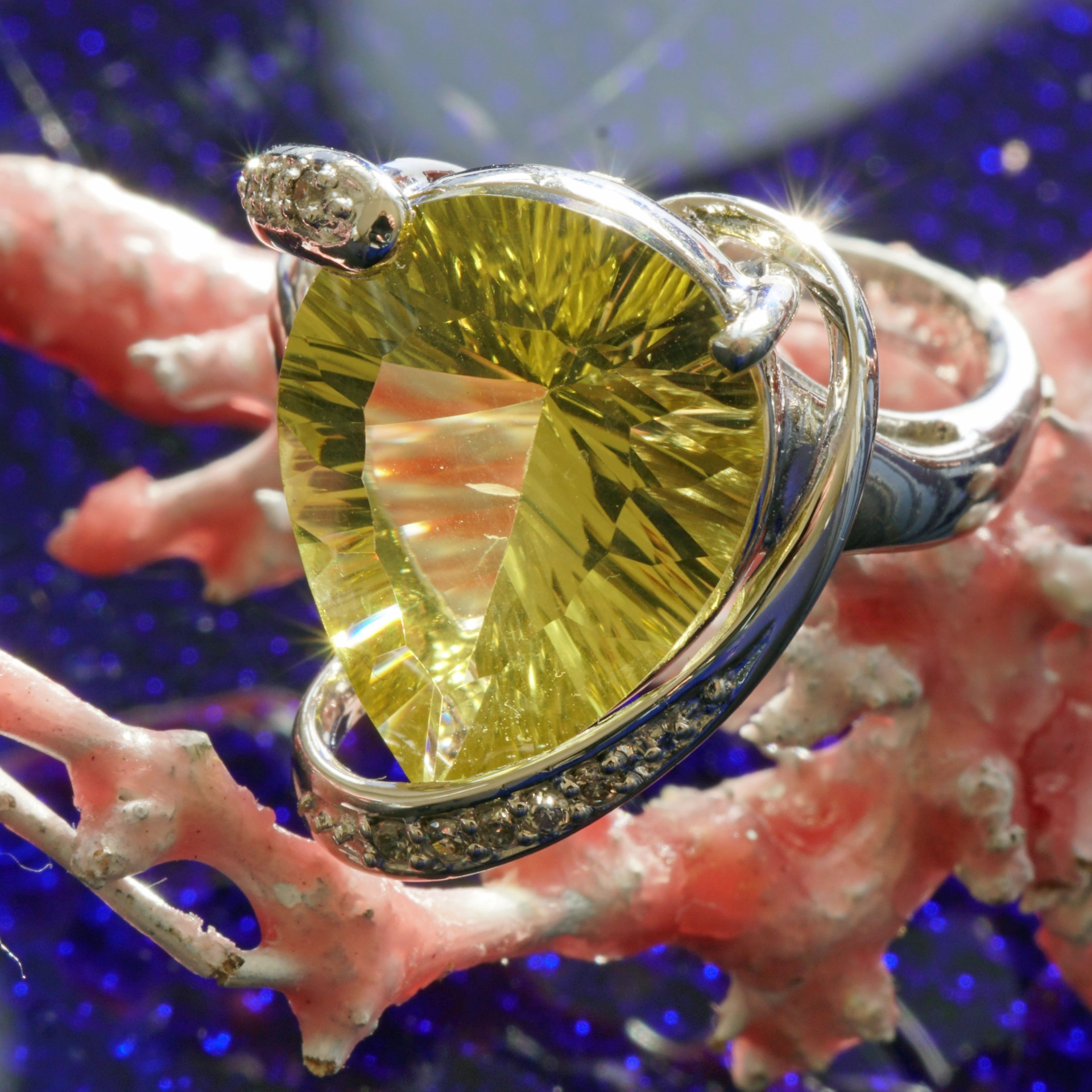 Lemoncitrin Brillant Ring in 750er Weissgold