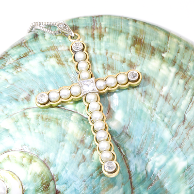 Antique Jewellery Cross Pearl Brilliant Pendant with Chain 585 White Gold Yellow Gold around 1900