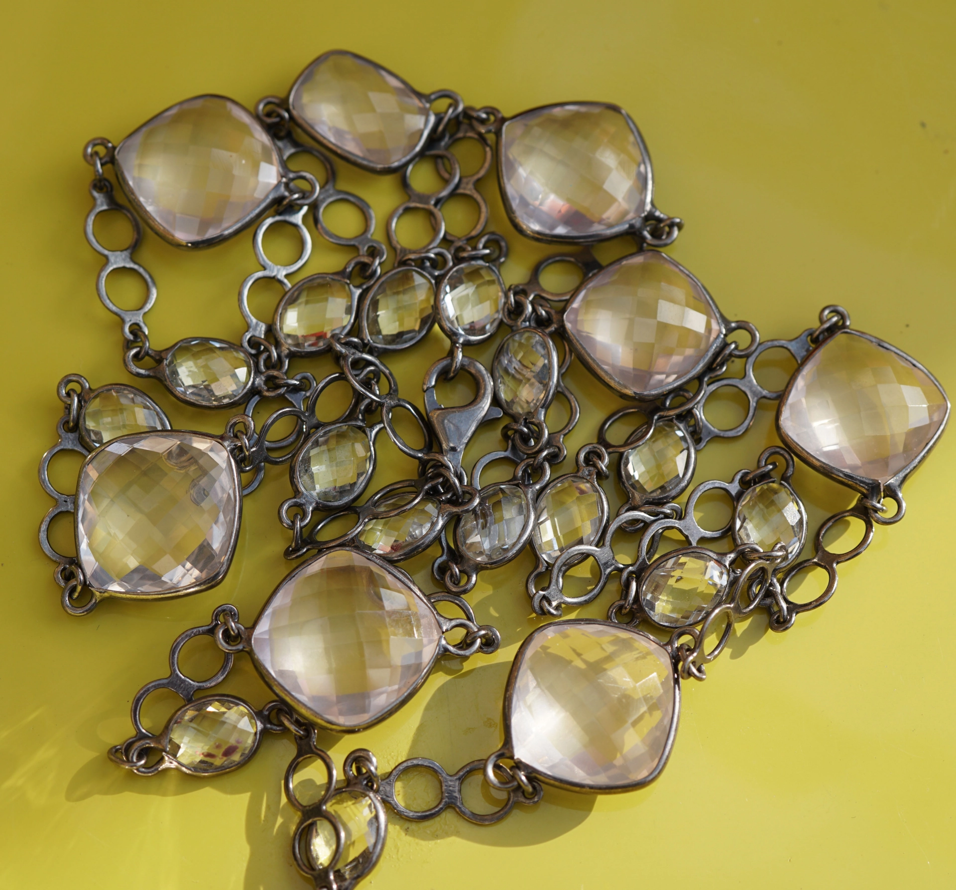 Waffle-Cut Rose Quartz Necklace 90 cm Silver...very long