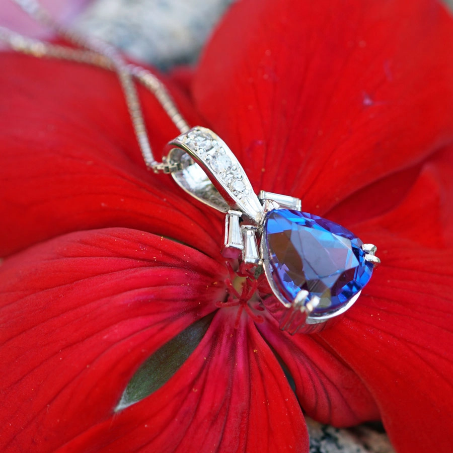 Tansanit Brillant Anhänger mit Kette 900/850er Platin
