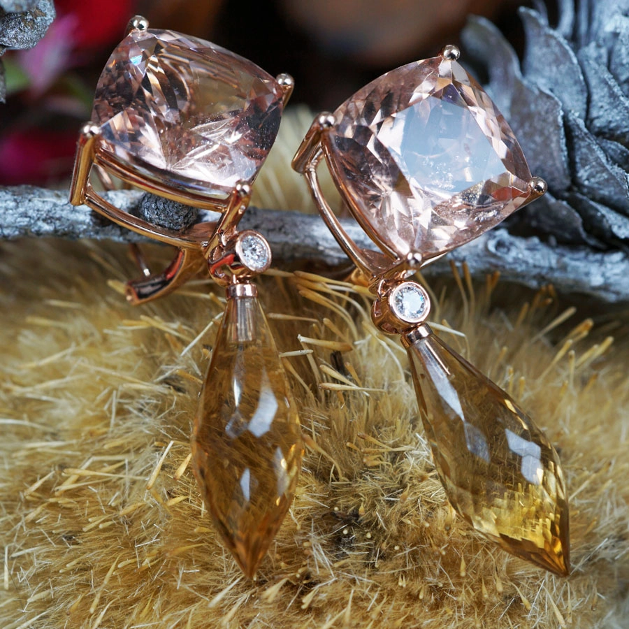 Morganite Citrine Earrings 18.80 ct 18 kt Rose Gold......waking Morning Colors