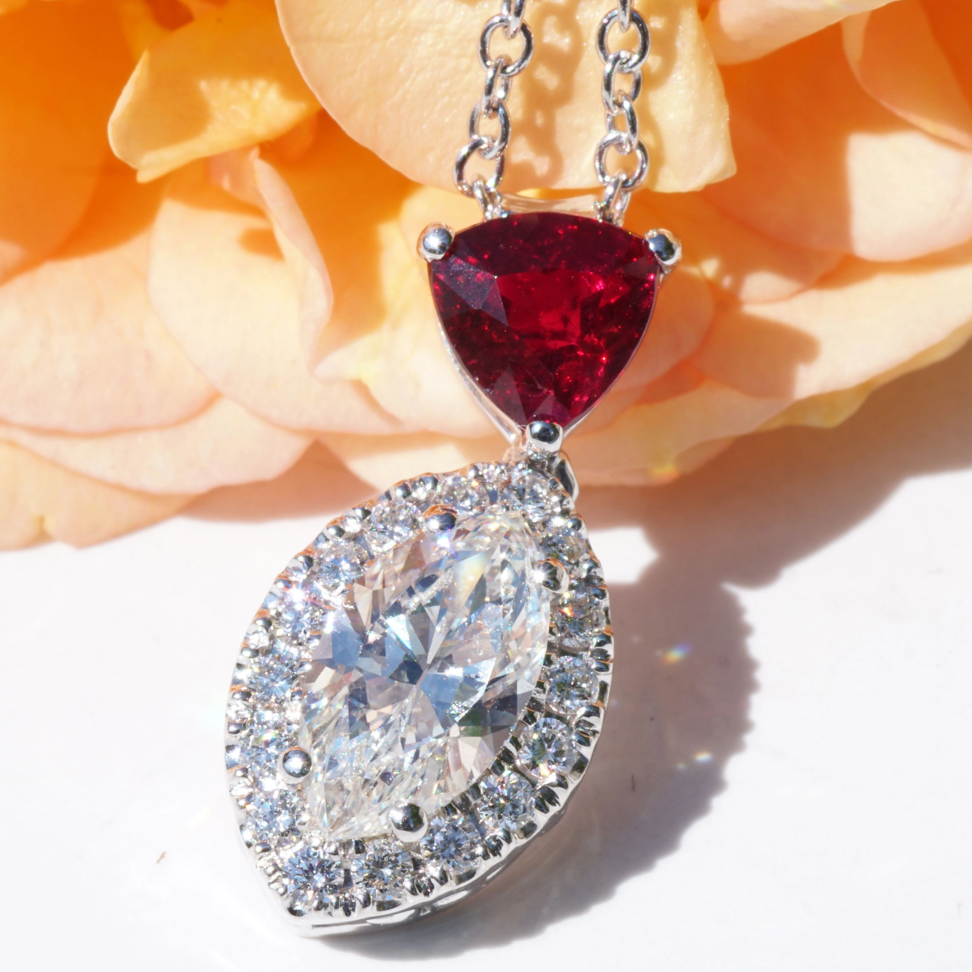 Ruby diamond pendant with chain RED RARE from Mosambique, 0.64 ct, pigeonblood, unique
