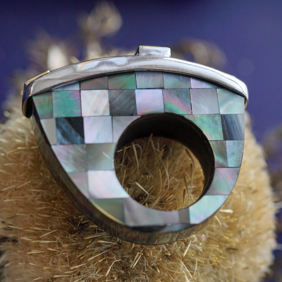 PERLMUT GRANAT Ring MODERNART Silber vergoldet ausgefallenes Schachbrettdesign