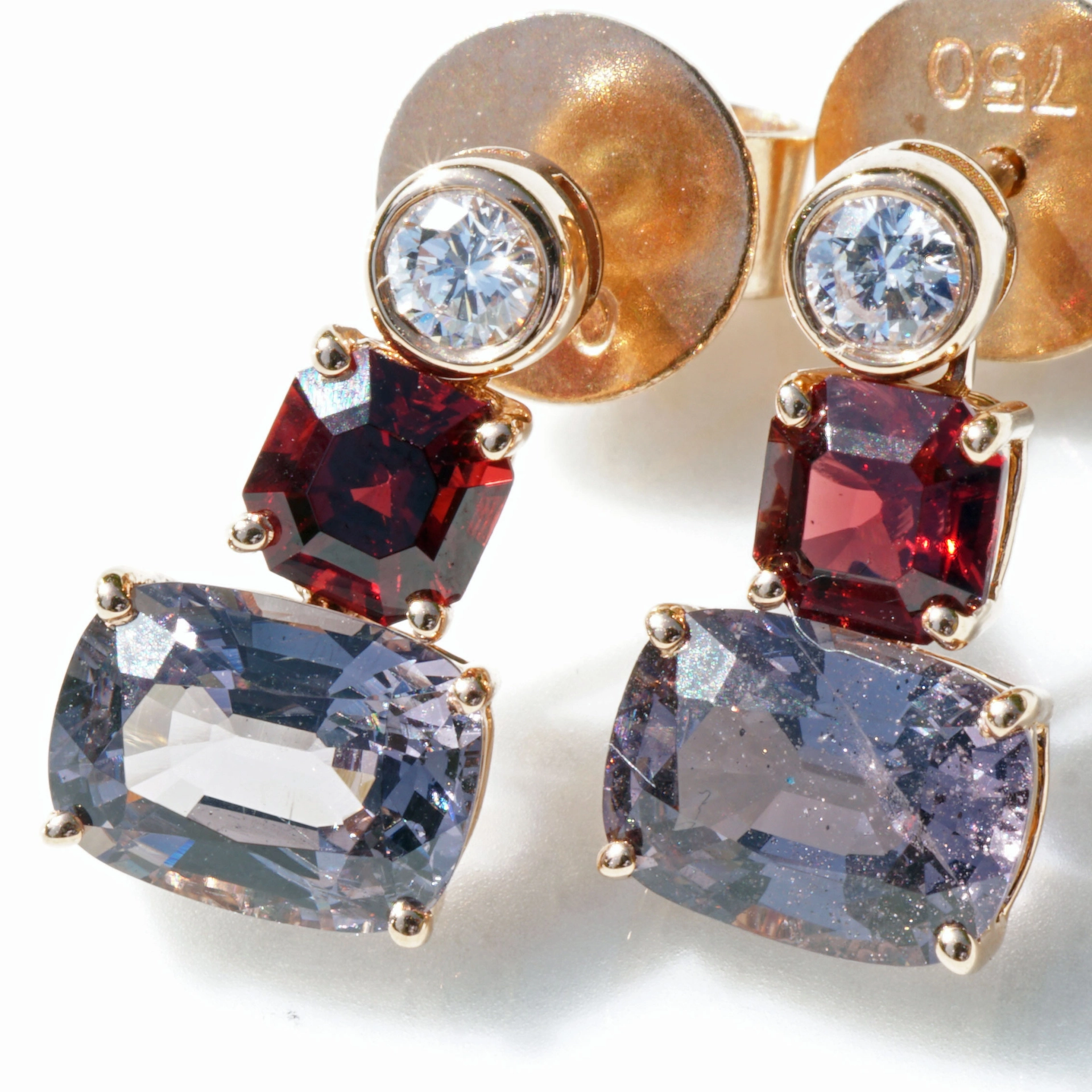 Spinel Diamond Earrings from Burma...Red and Grey-violet 18kt Rosegold