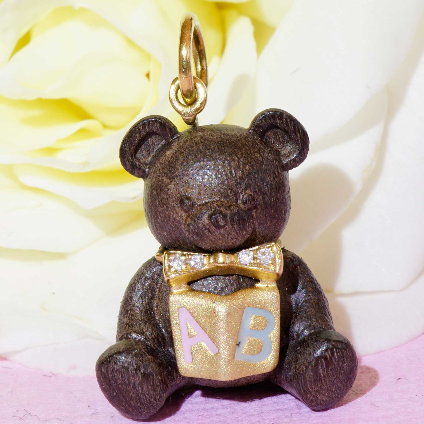 Brilliant Teddy Bear Book Pendant...so cute...18 kt Yellow Gold...precious Wood