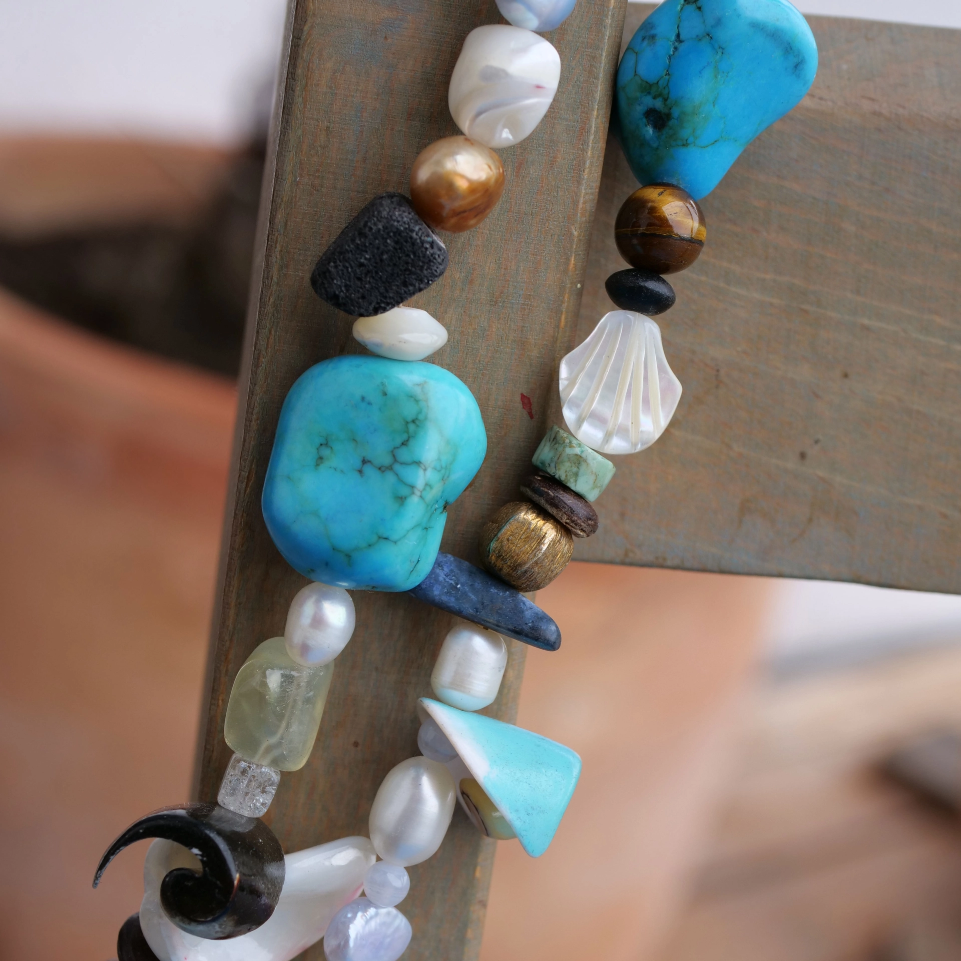 Gem Necklace with Turquoise Shells Pearl Lava Rock...what a Diversity