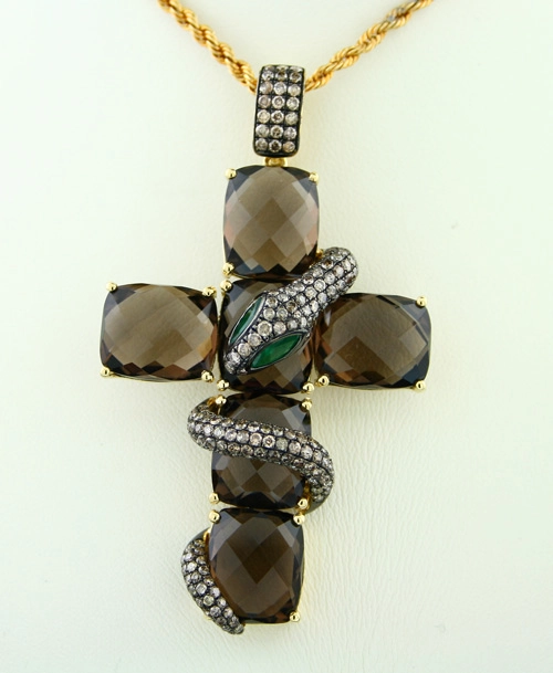 Anhänger mit braunen Brillanten, Rauchquarz und Smaragd
