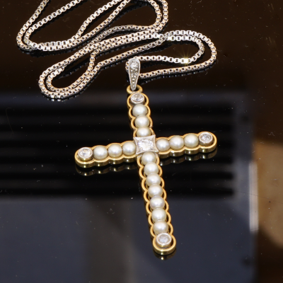 Antique Jewellery Cross Pearl Brilliant Pendant with Chain 585 White Gold Yellow Gold around 1900