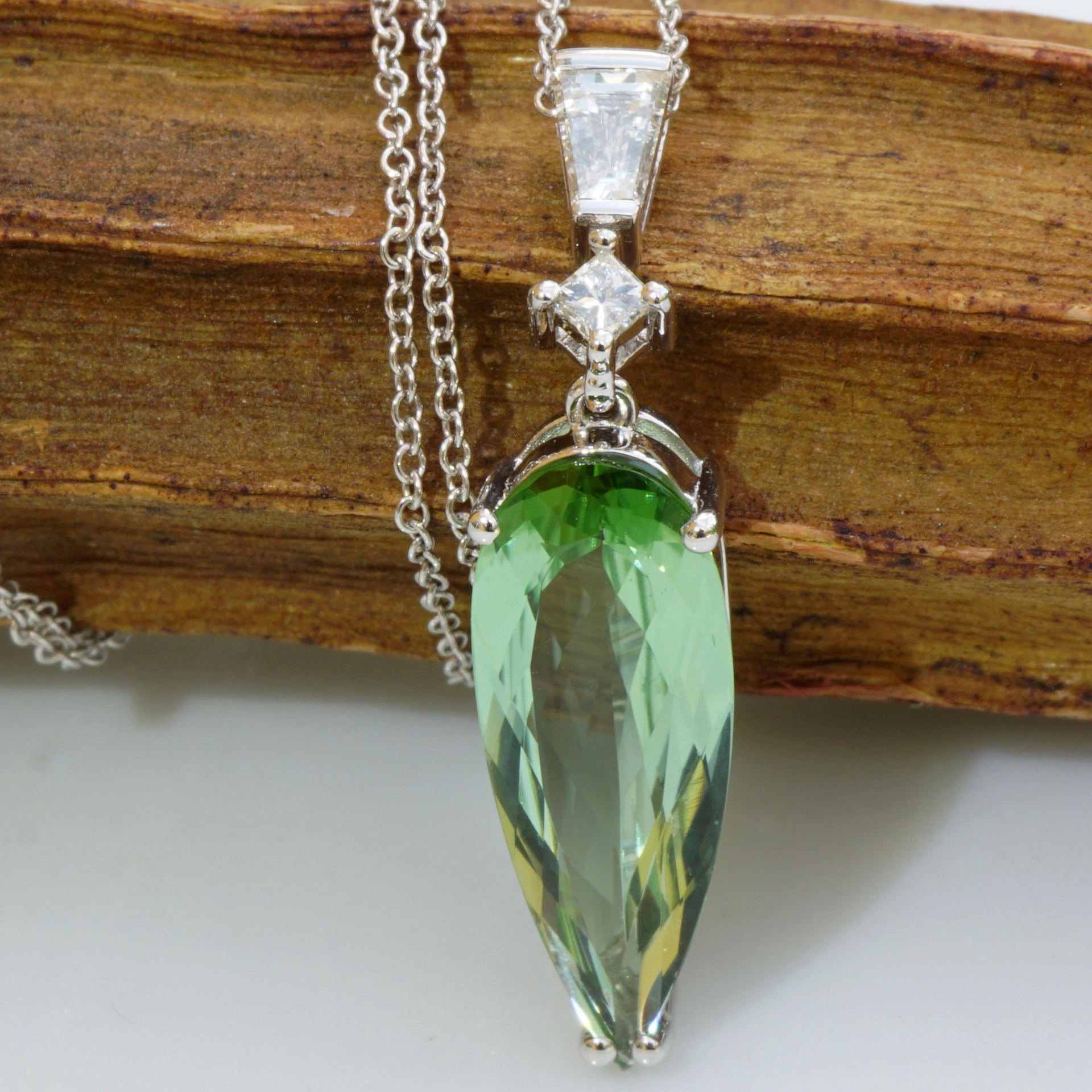 Tourmaline Seamfoam Green Diamond Necklace Rare Mint Color 18 kt White Gold
