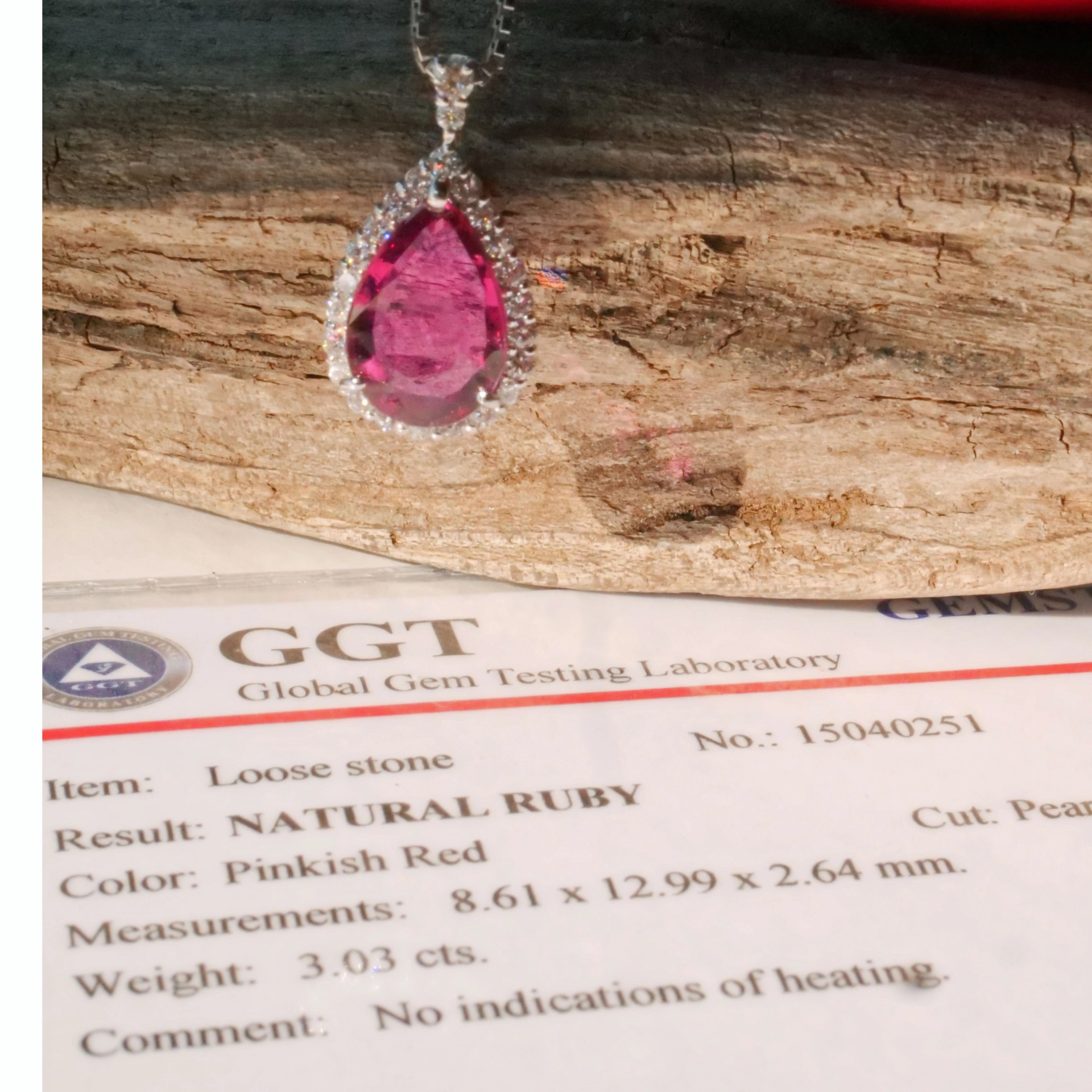 Ruby Brilliant Pendant 3.03 ct unheated Mozambique AIGS Certificate 950 platinum 0.43 ct Rare Size