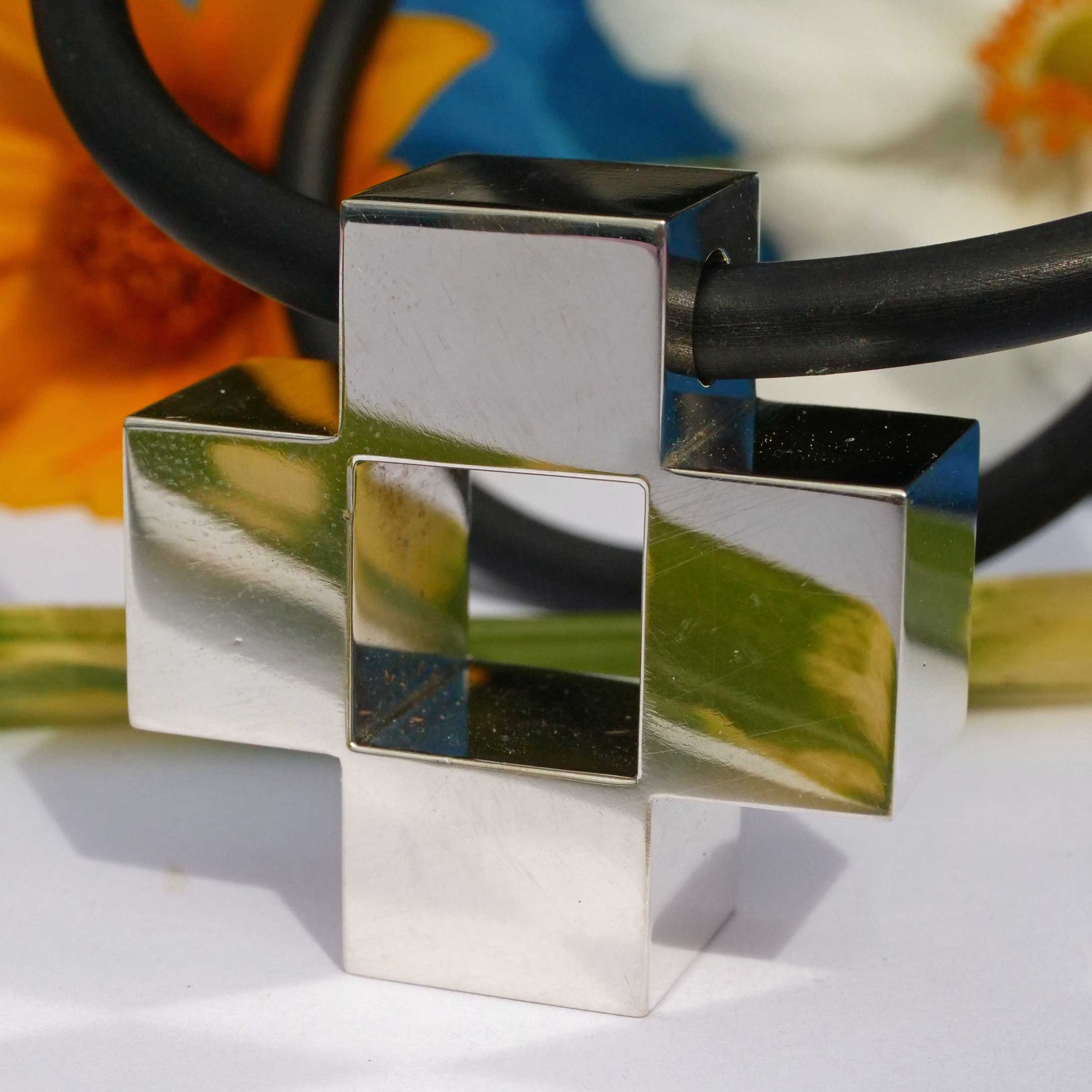 Original Schubart Necklace with Rubber Strap Düsseldorf 925 Silver 62 Grams  polished