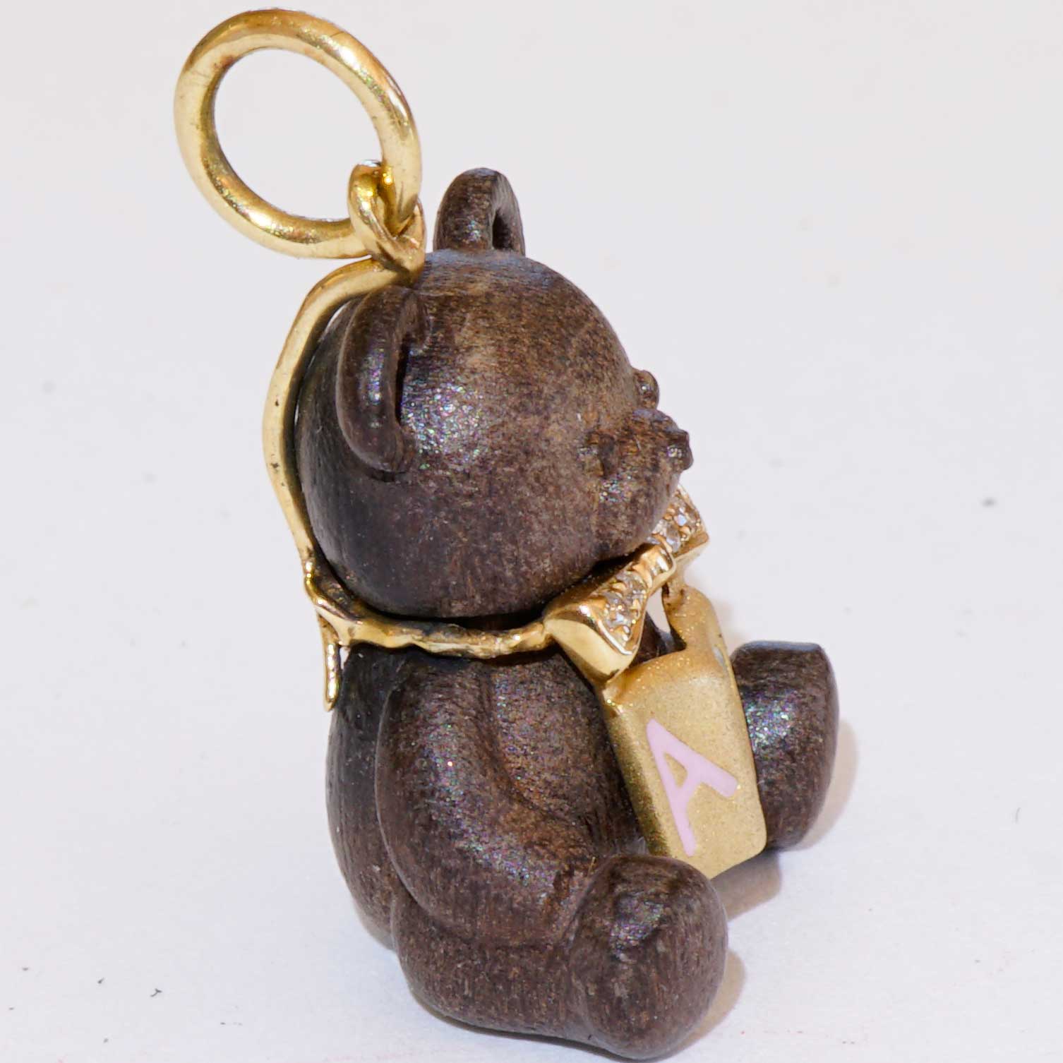 Brilliant Teddy Bear Book Pendant...so cute...18 kt Yellow Gold...precious Wood