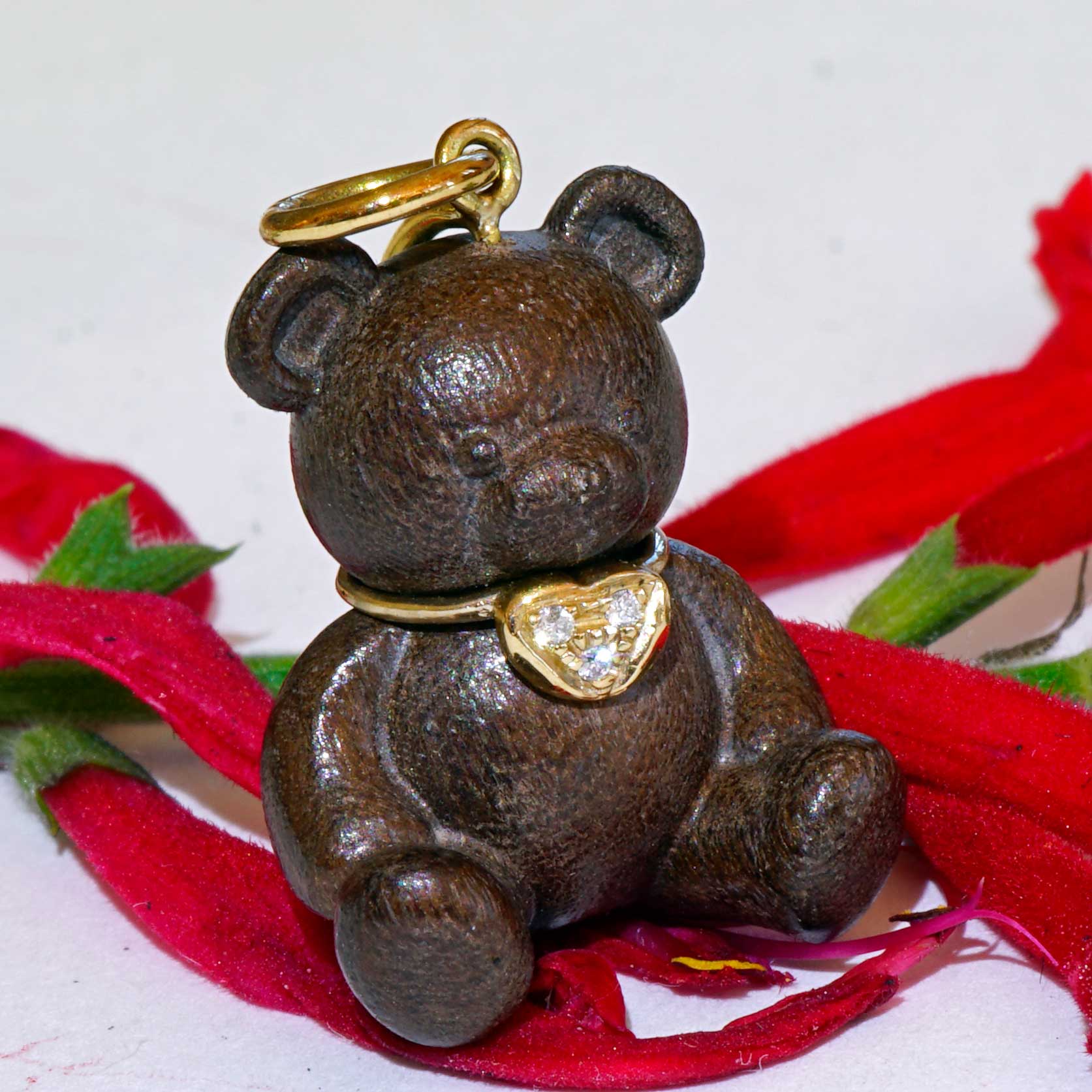 Brilliant Teddy Bear Heart Pendant...so cute...18 kt Yellow Gold...precious Wood
