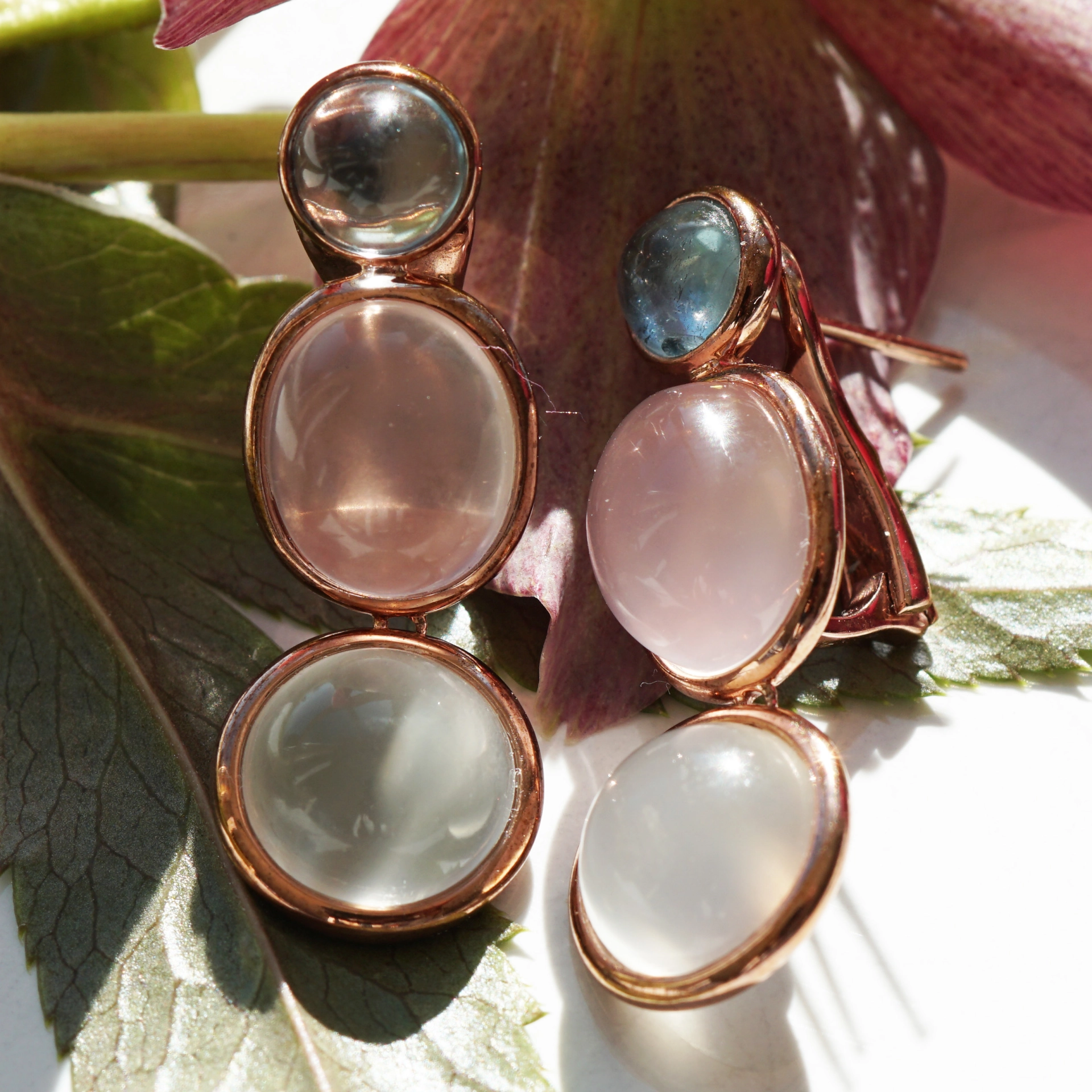 Ohrhänger in 750er Rosegold Mondstein Rosenquarz Aquamarin Fashionfarben