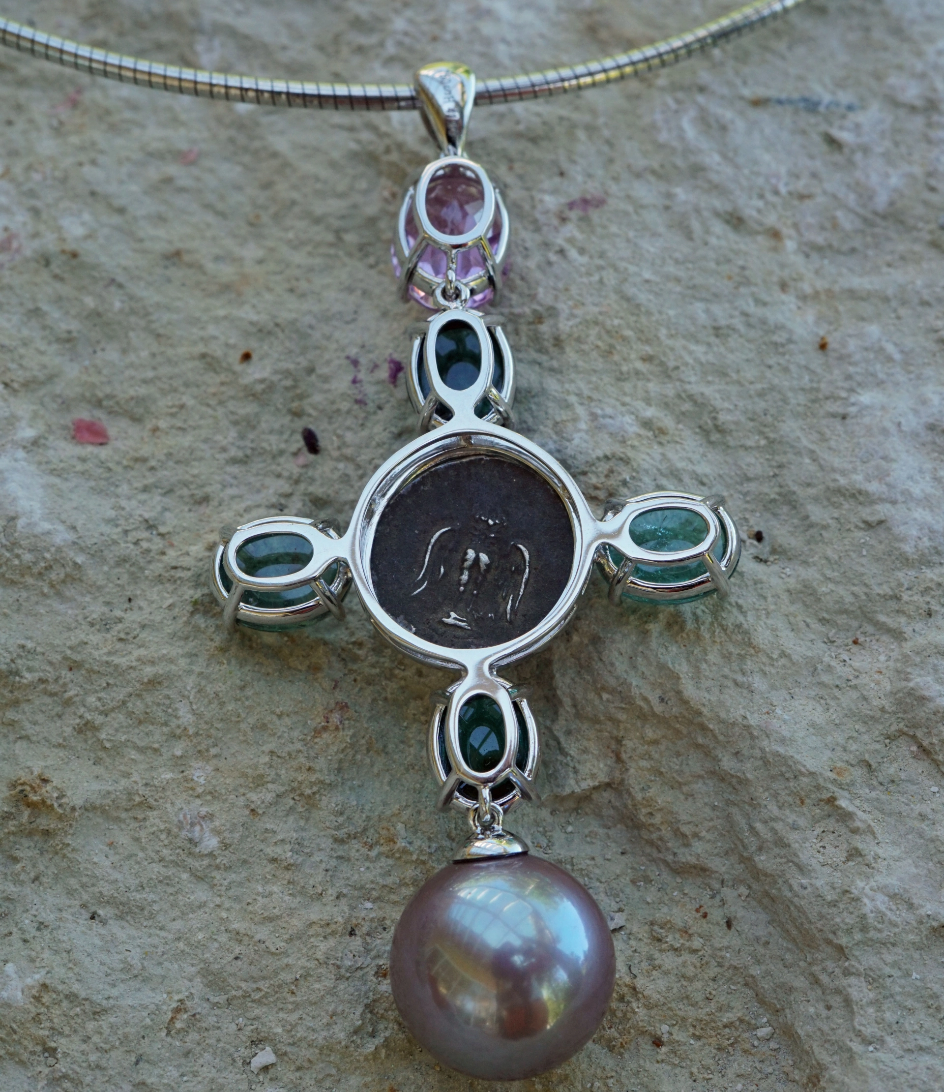 Pendant Cross with Replica Coin and blue-green Turmalin and Kunzite