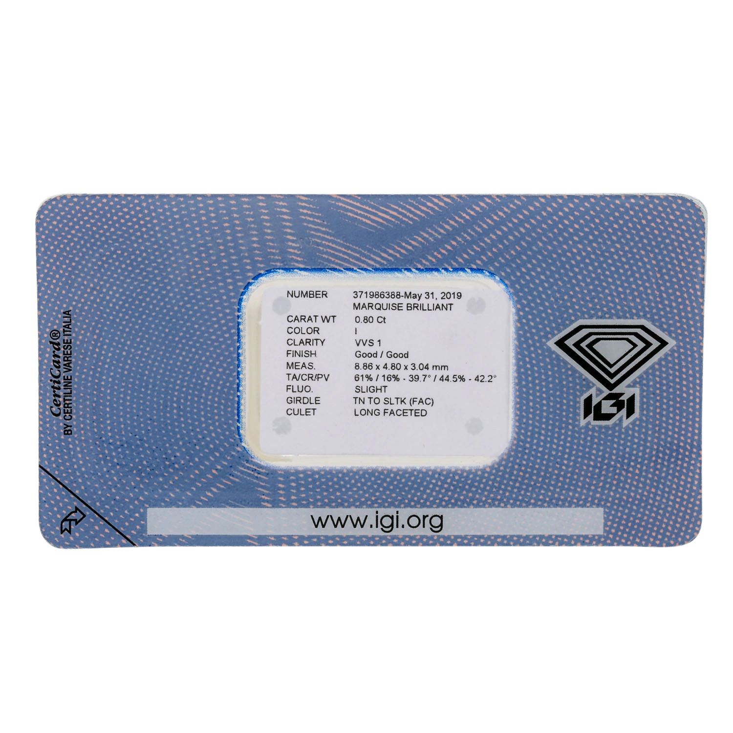 NAVETTE 0.80 ct LGW (I) / VVS1 eingeschweisst IGI m. Expertise