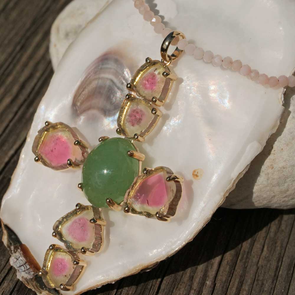 Pendant Cross Watermelons Tourmaline Jade 585 Yellow Gold 10.20 ct 15.29 ct with Short Report