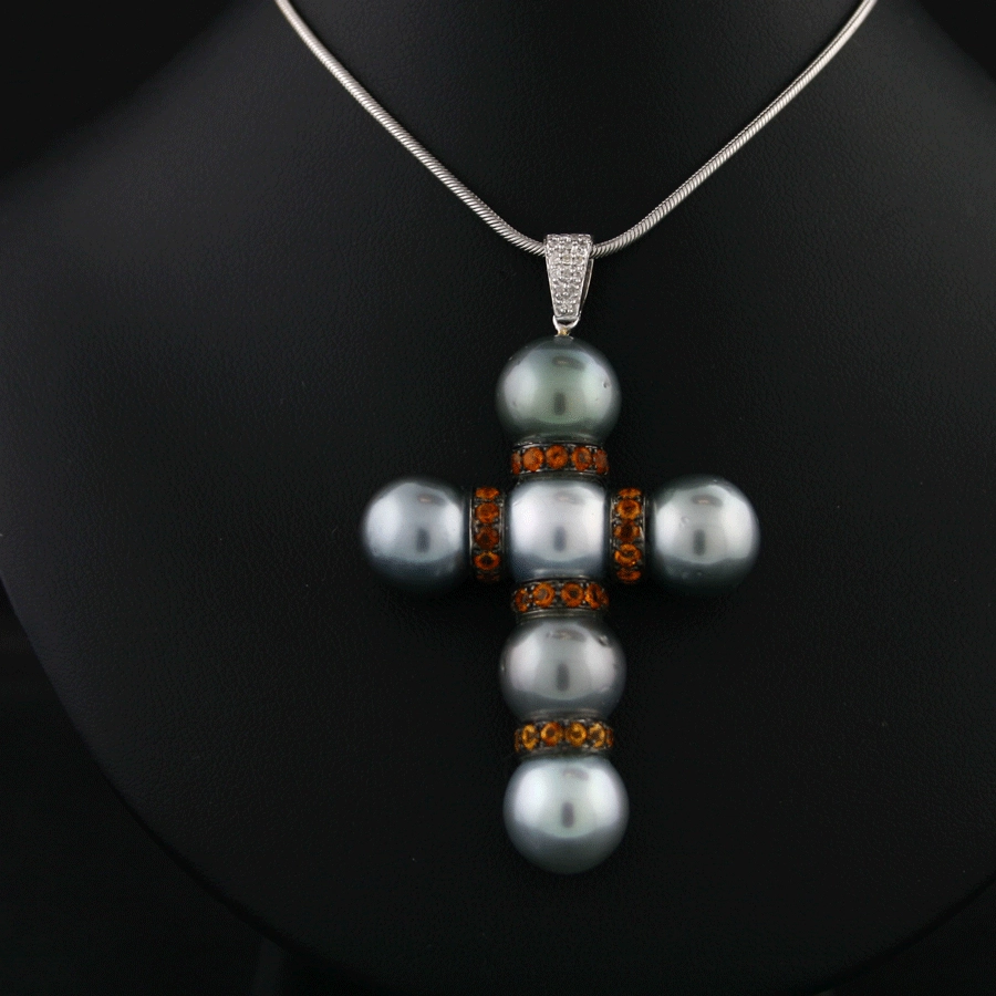 Tahiti-Citrin-Diamant-Anhänger, 18 Karat Weißgold