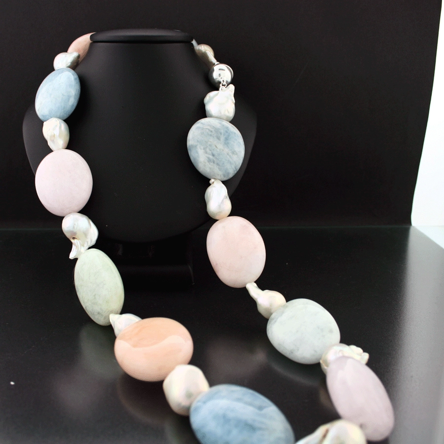 Aquamarin-Morganit-Biwaperl-Collier, 925/-Silber