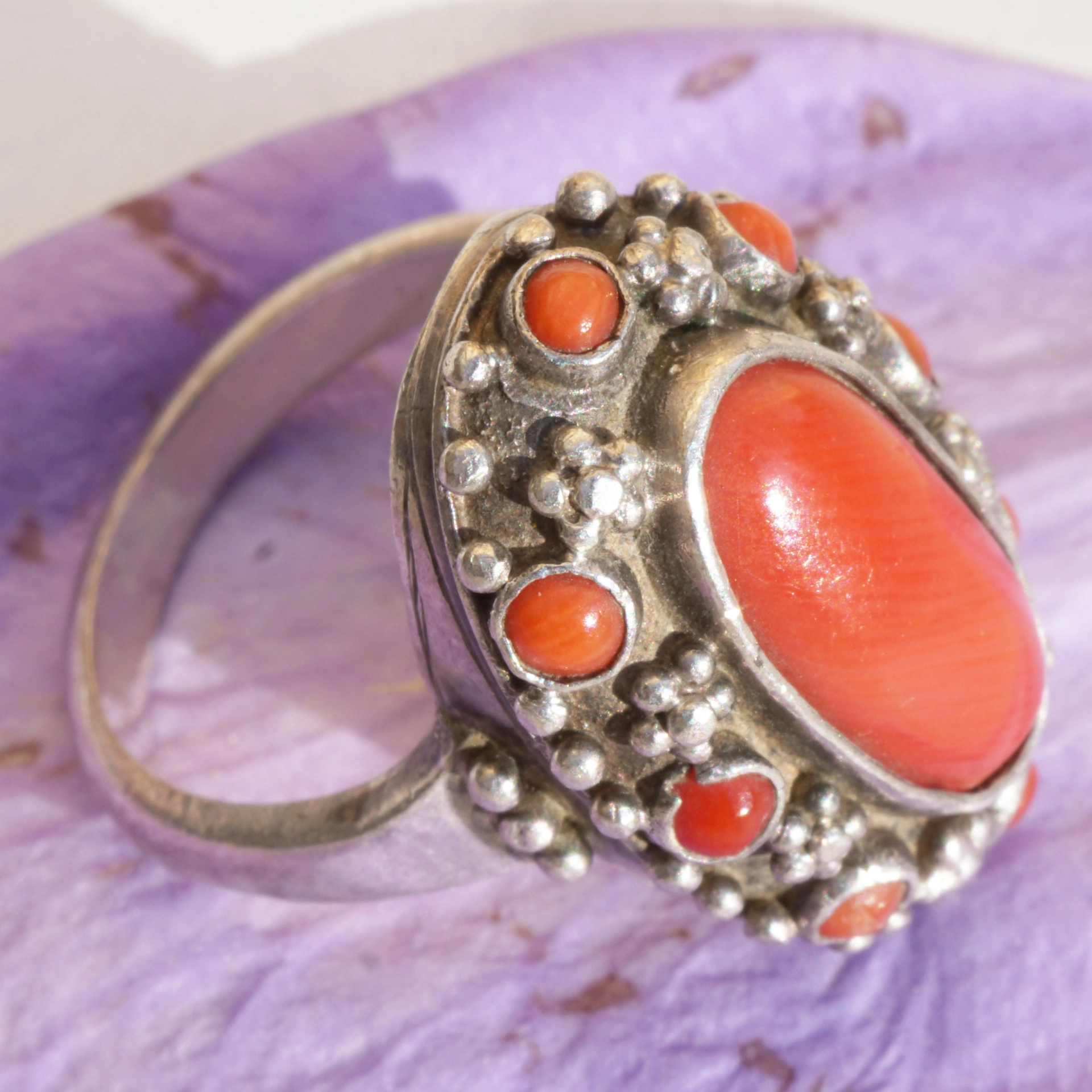 Korall Ring 835 Silber Handarbeit 20 Jh.  echte Koralle Granulierarbeit