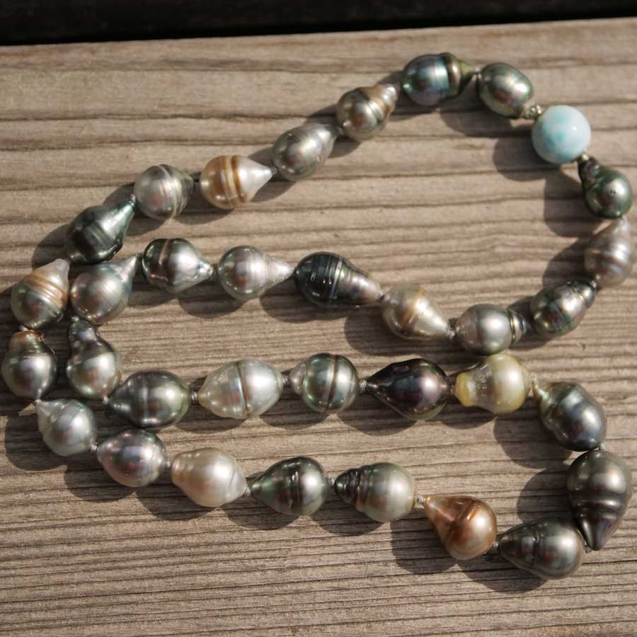 Larimar Tahitian cultured Pearl Necklace 8-11 mm baroque beautiful Quality with intense lustre untreated 46,50 cm long