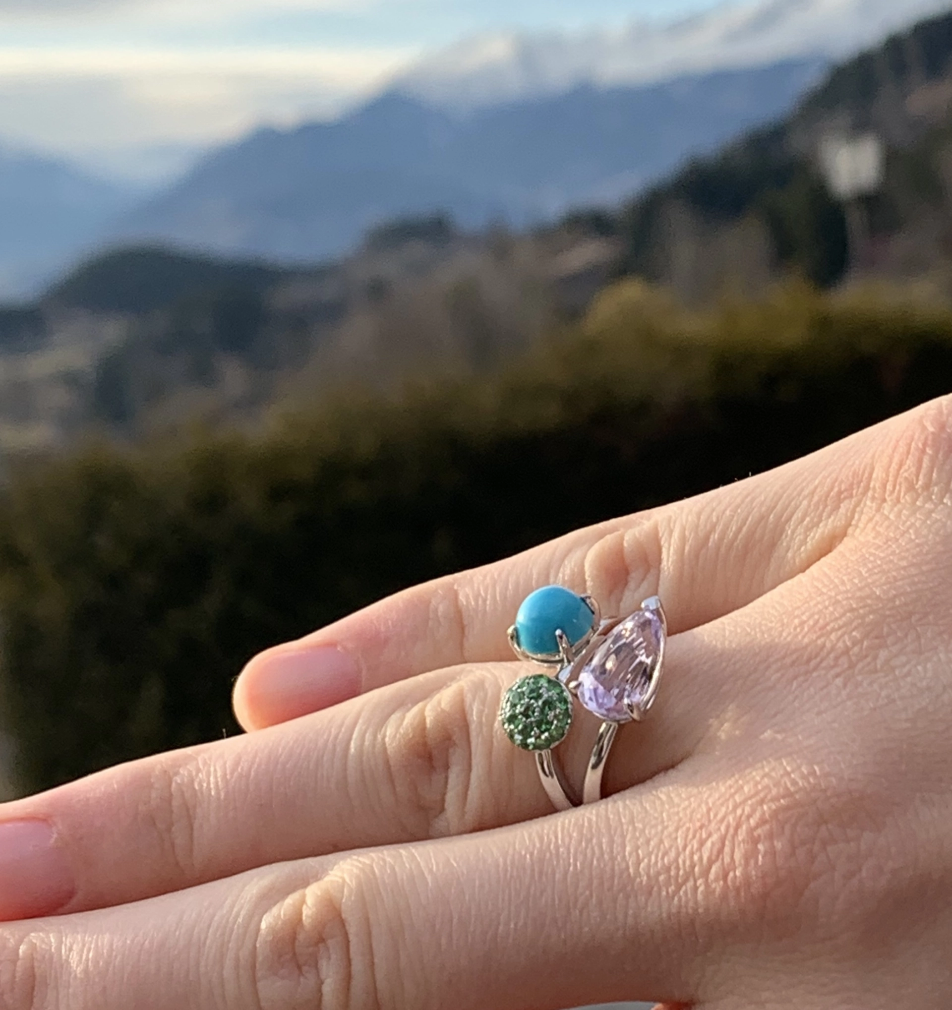 Kunzite Turquoise Tsavorite Ring 585 Whitegold 4.33 ct Day at Sea