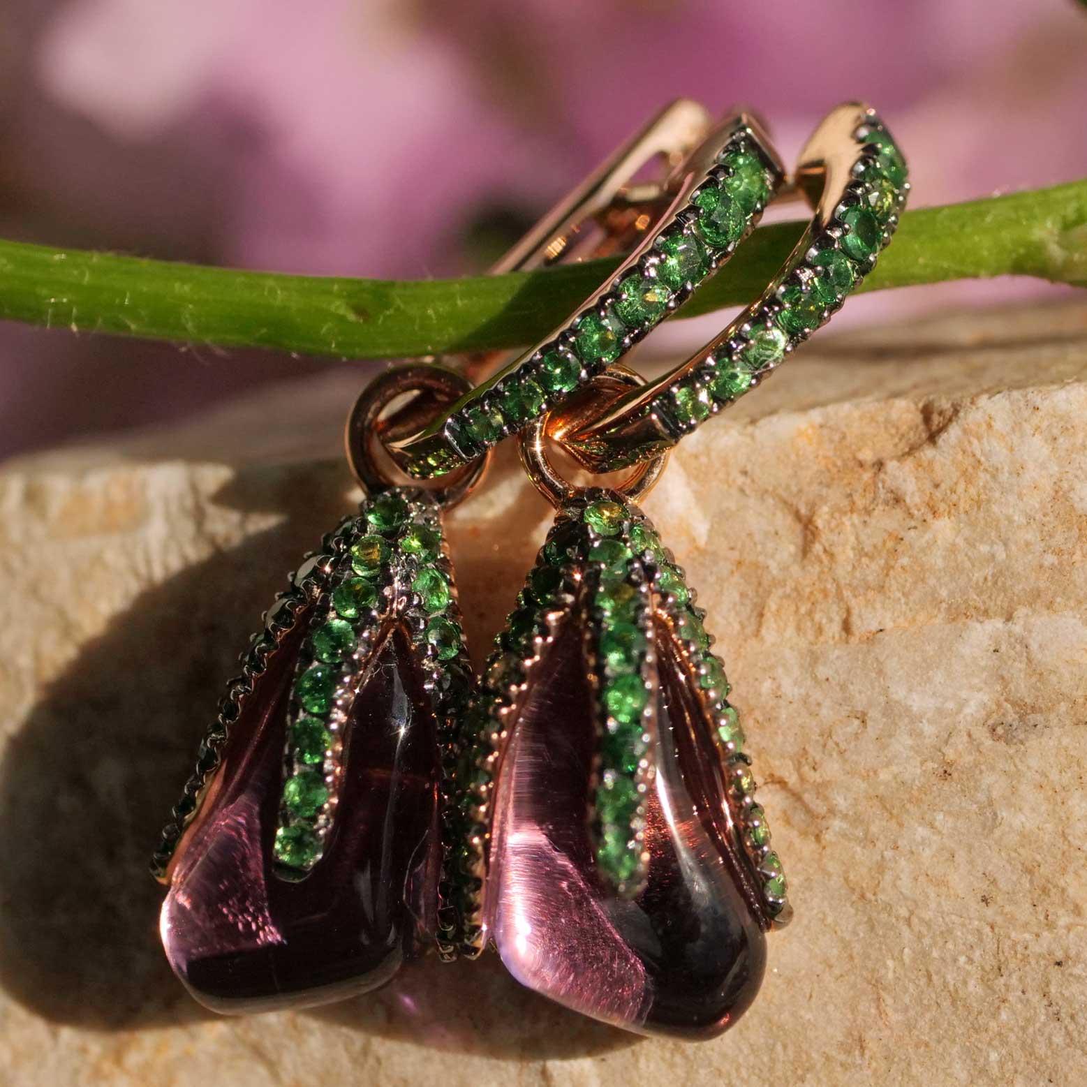 Amethyst Tsavorith Dangle Earrings 750 Rose Gold Fancy Special 5.5 ct 0.79 ct