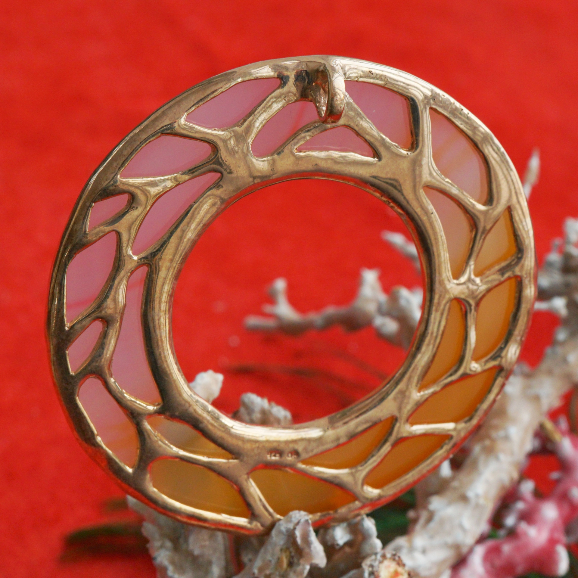 Silversmith's Work Fire Wheel Agate Disc in Color Gradations 925 Silver
