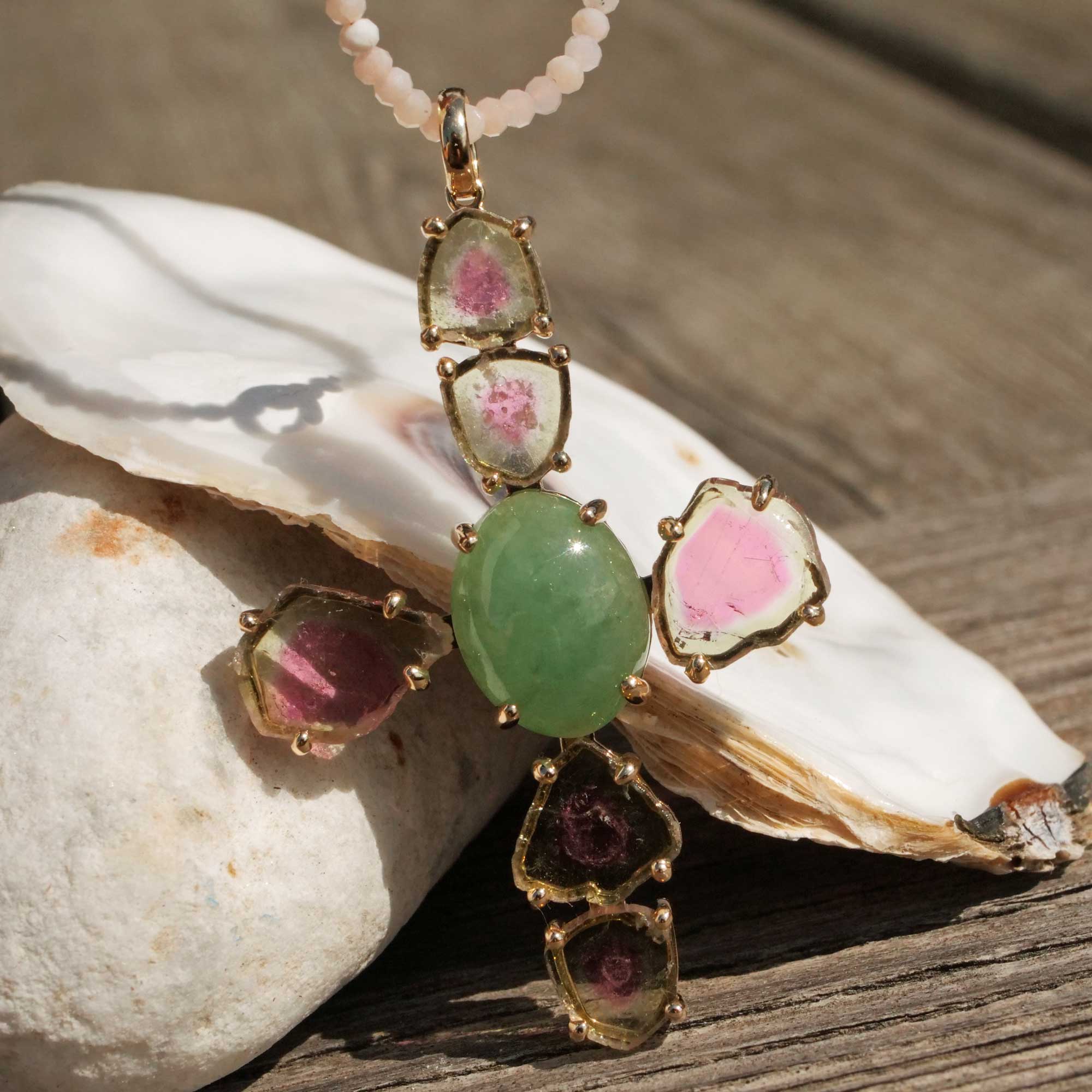Pendant Cross Watermelons Tourmaline Jade 585 Yellow Gold 10.20 ct 15.29 ct with Short Report