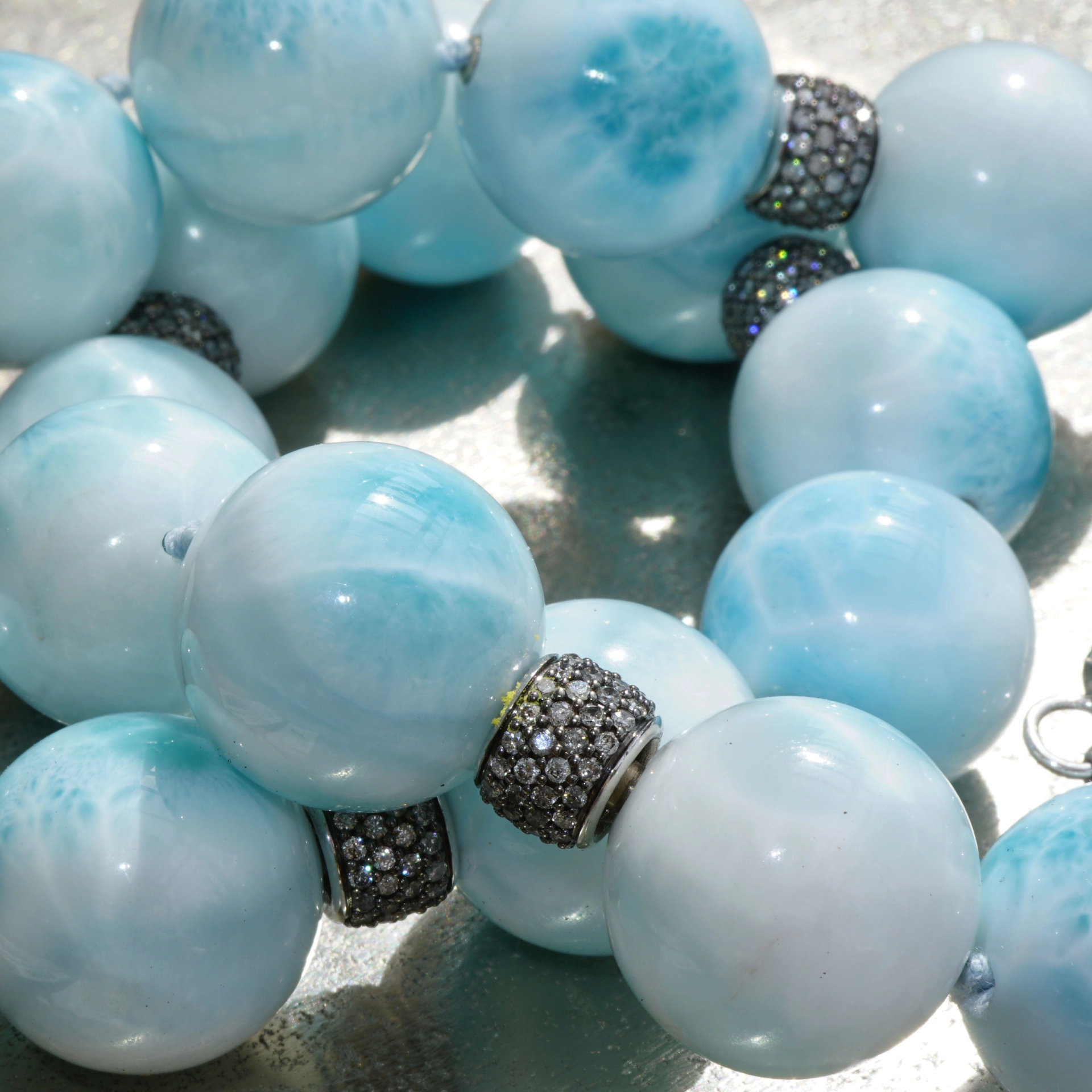 Larimar Ball Necklace 18 kt Whitegold with grey Diamonds..cloudy Beauty..Highest Quality