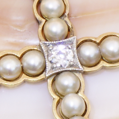 Antique Jewellery Cross Pearl Brilliant Pendant with Chain 585 White Gold Yellow Gold around 1900