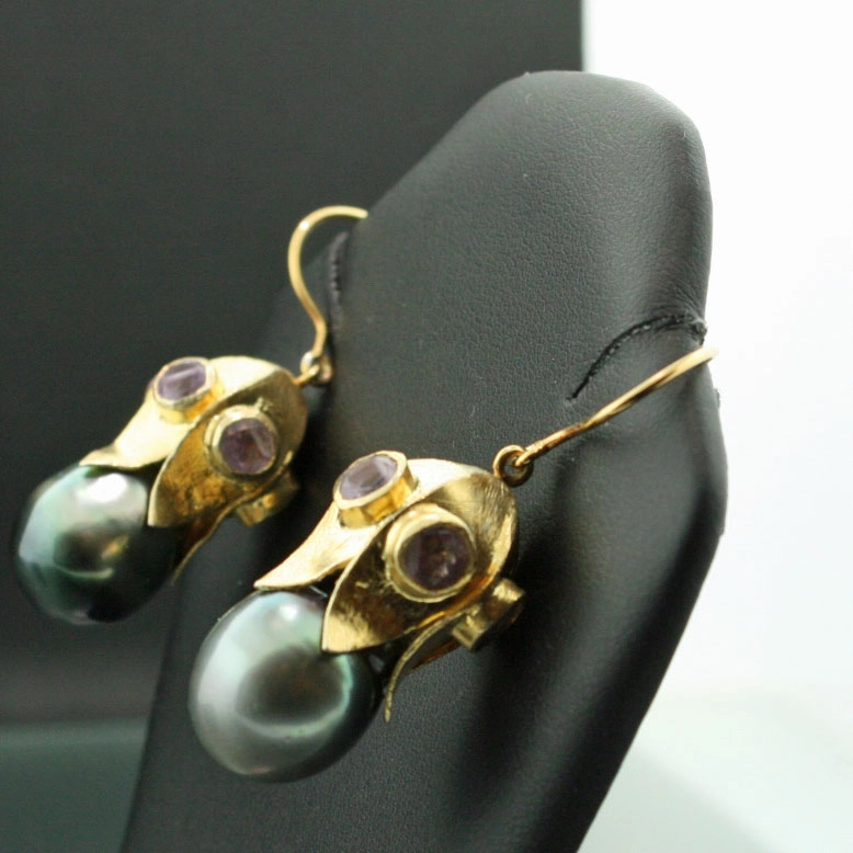Amethyst-Tahiti-Zuchtperl-Ohrhänger, 585er-Gold,Silber