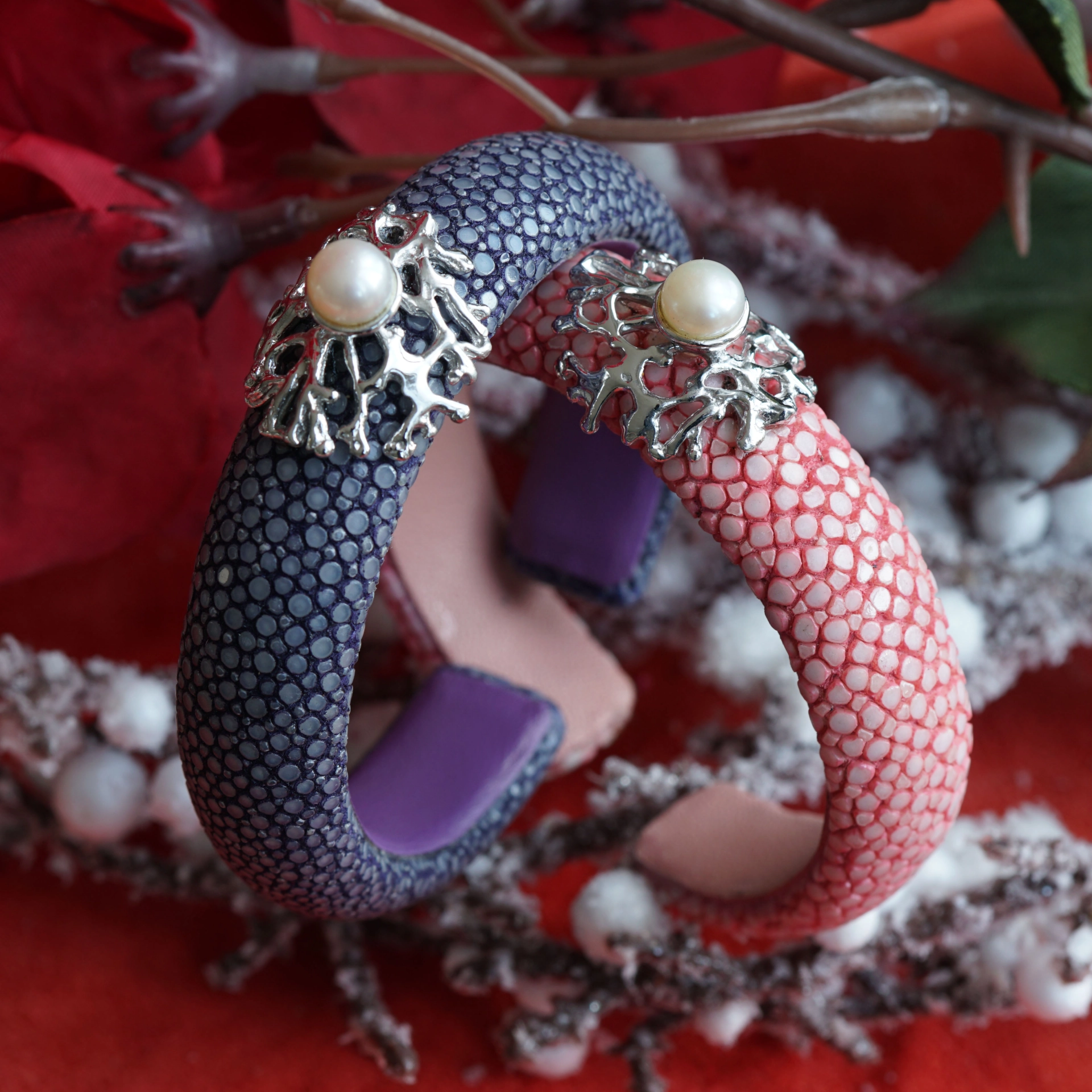 Zuchtperl Rochenleder Armreif under the sea 925er Silber blau