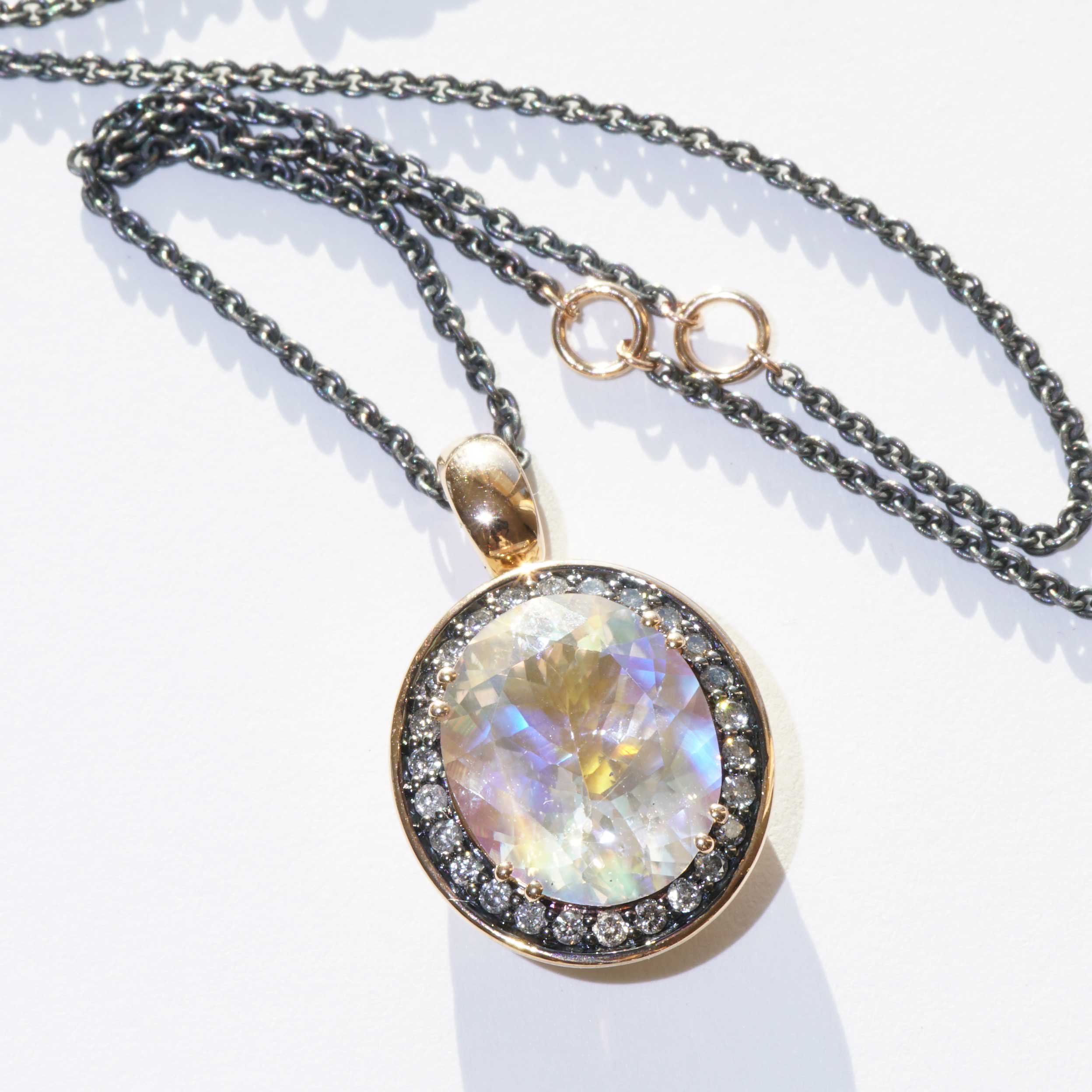 Transparent Moonstone Diamond Pendant with Chain in 750 Rose Gold black rhodium-plated from Madagascar