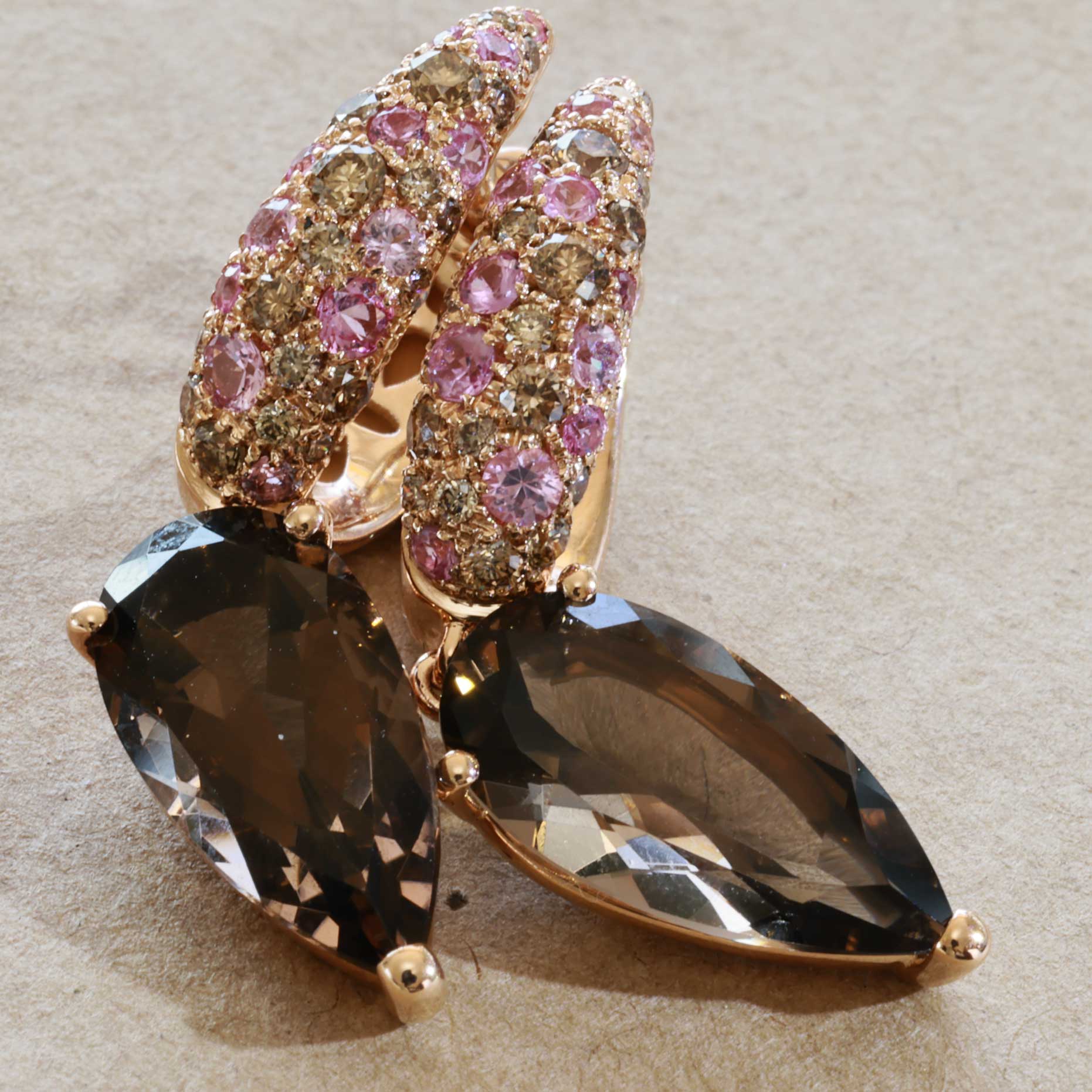 Sapphire Smoky Quartz Brilliant Earrings 750 Rose Gold... noble combination.. Pink and Mocha 6 ct 0.51 ct