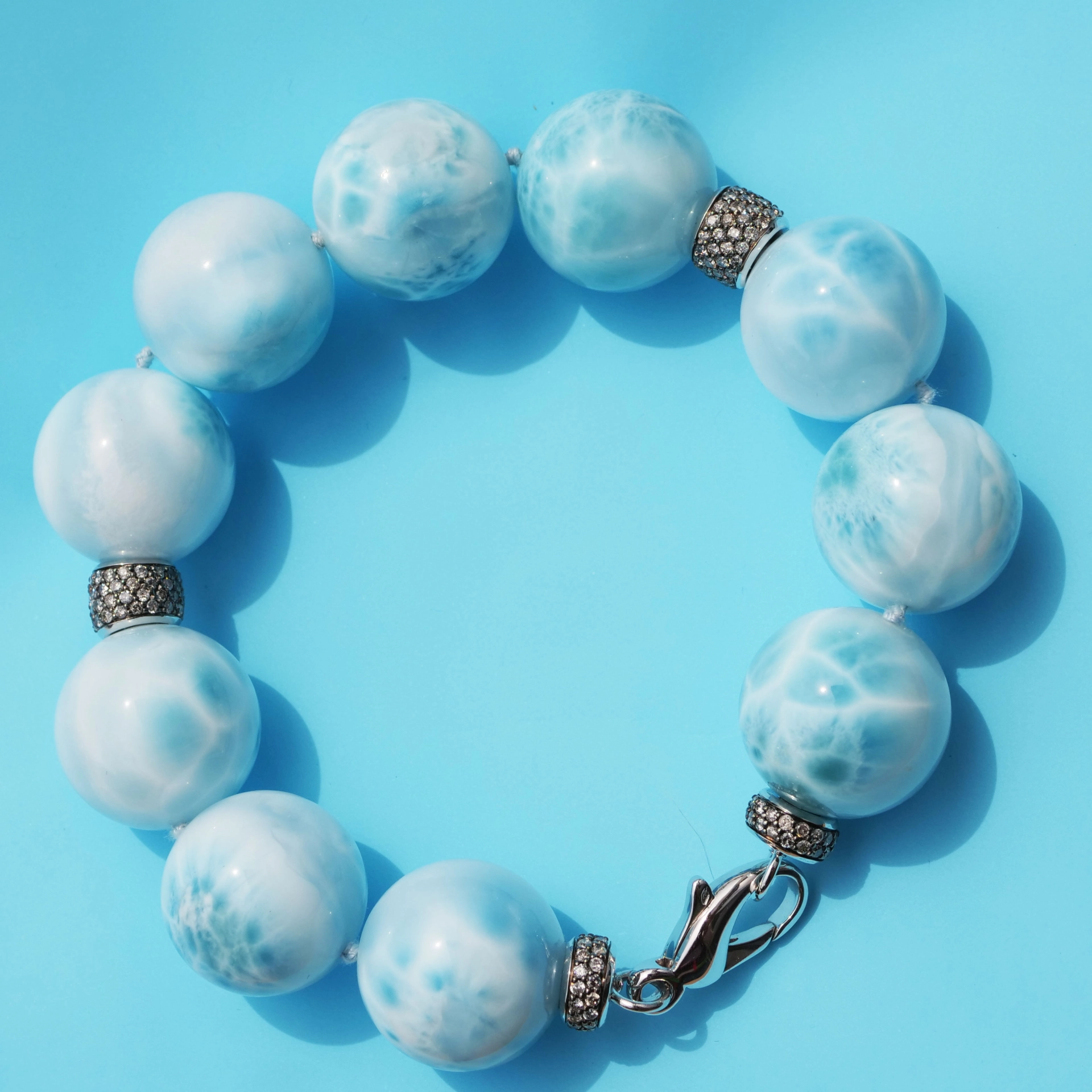 Larimar Ball Bracelet 18 kt Whitegold with grey Diamonds..cloudy Beauty..Highest Quality