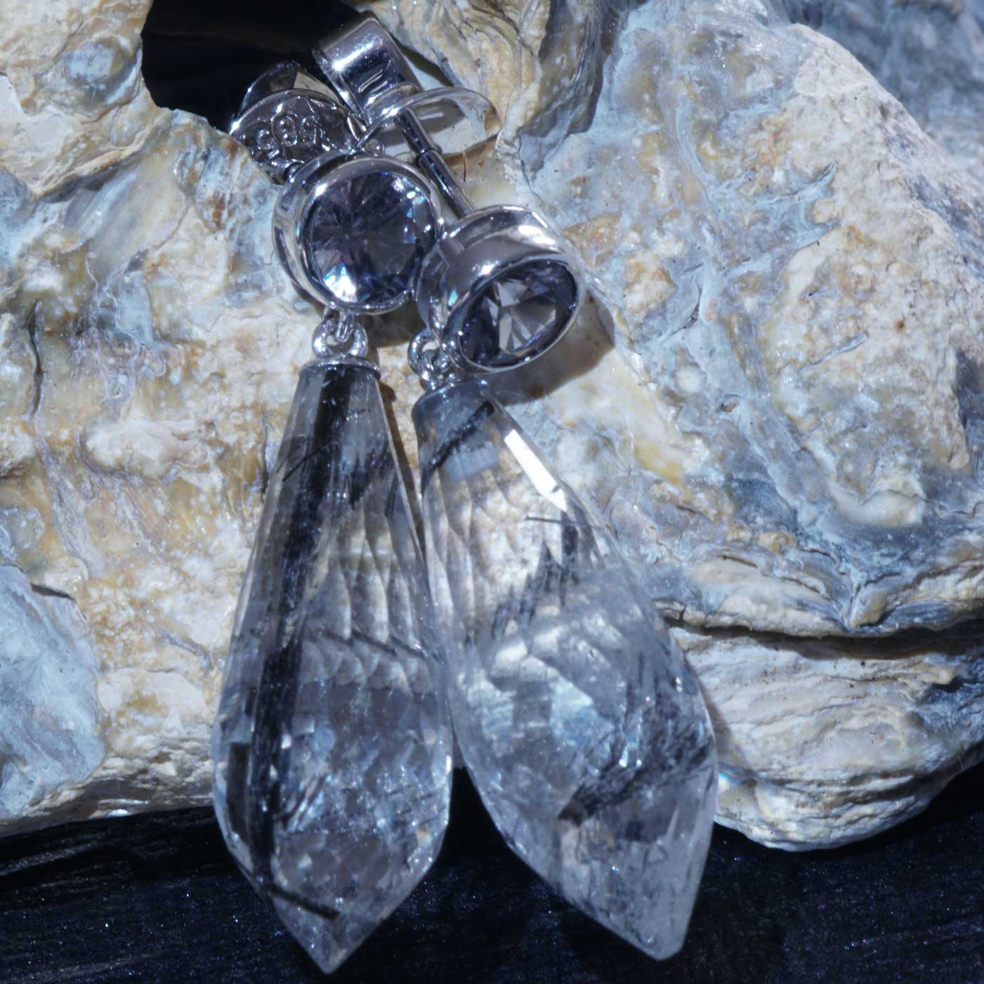 Long Spinel Rutilated Quartz Stud Earrings in Cool Glacier Colors... hot Ice... in 585 White Gold