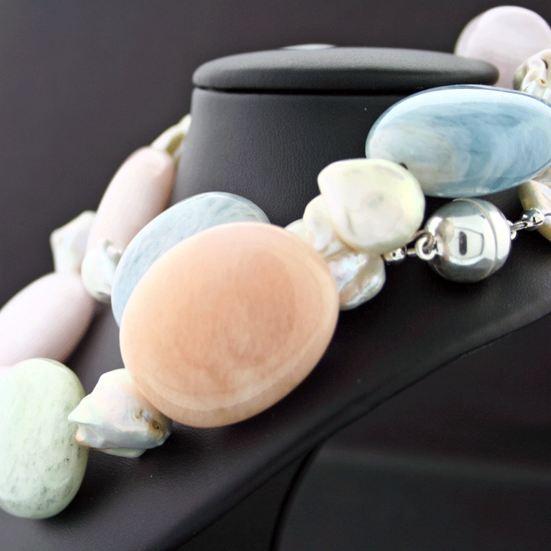 Aquamarin-Morganit-Biwaperl-Collier, 925/-Silber