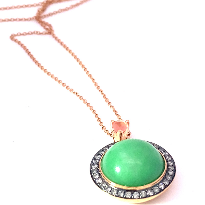 Jade Rhodochrosite Brilliant Pendant with Chain 750 Rose Gold Genuine Natural Jade with Certificate