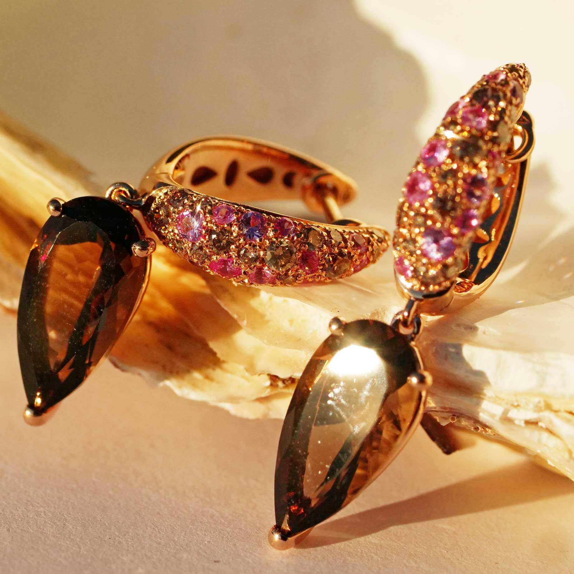 Sapphire Smoky Quartz Brilliant Earrings 750 Rose Gold... noble combination.. Pink and Mocha 6 ct 0.51 ct