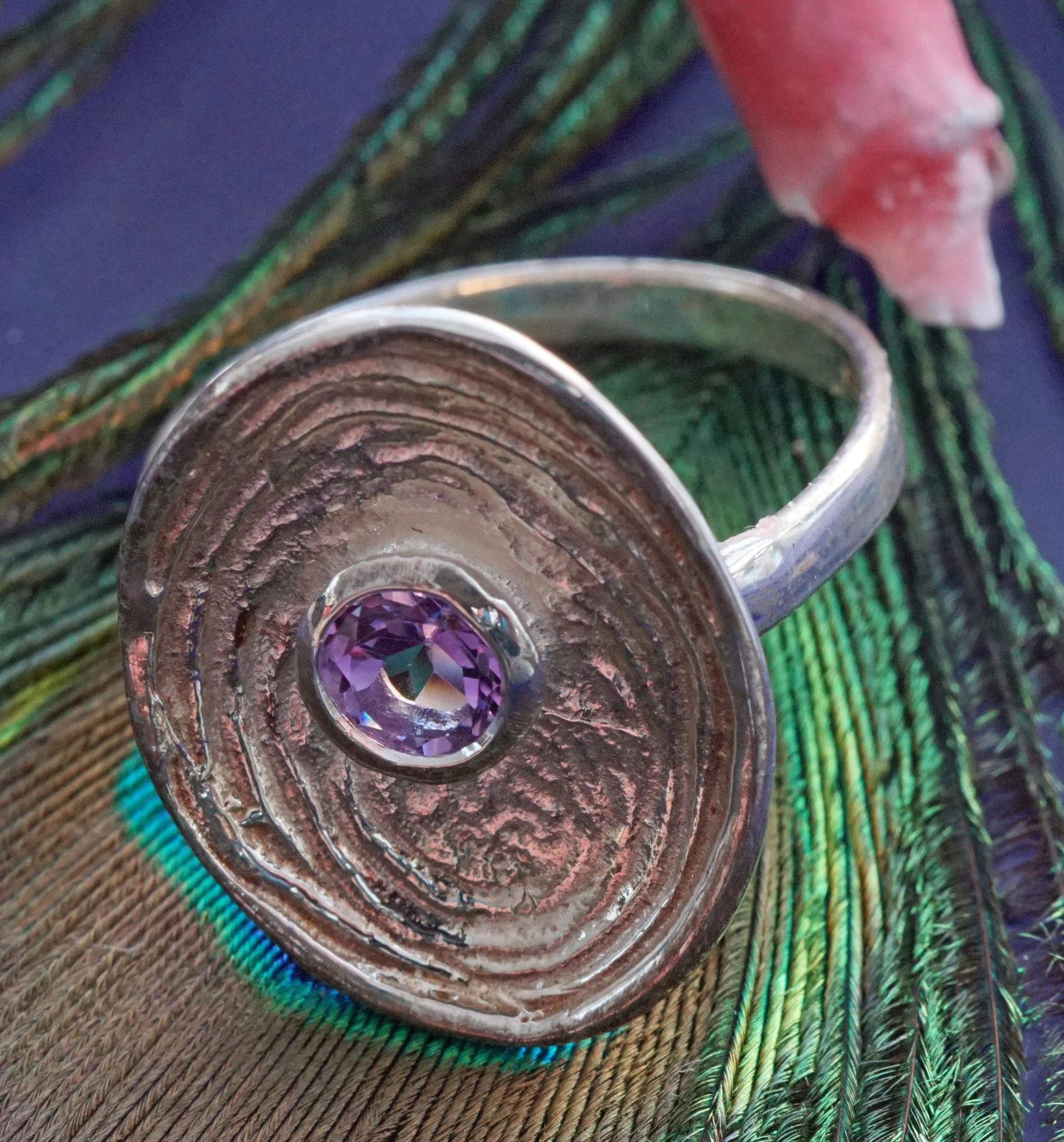 Set:Amethyst Ring und passende Ohrhänger in 925er Silber oval Handarbeit