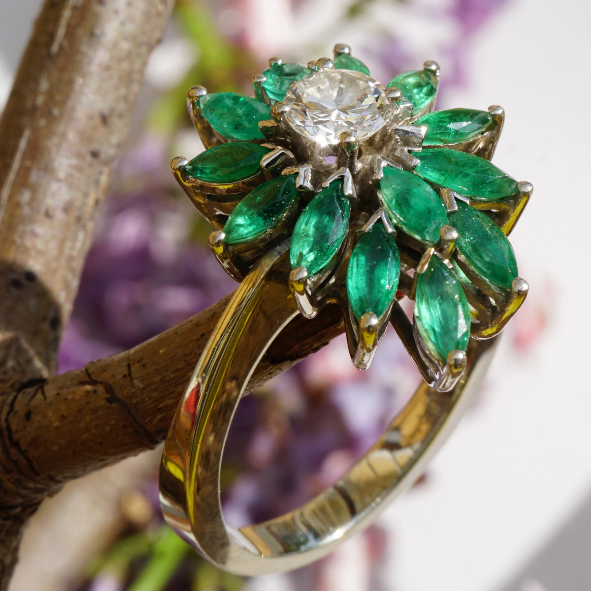 Brillant Smaragd Ring 585er Weissgold Weiss Lupenrein 0.53 ct Vintage 80er Jahre