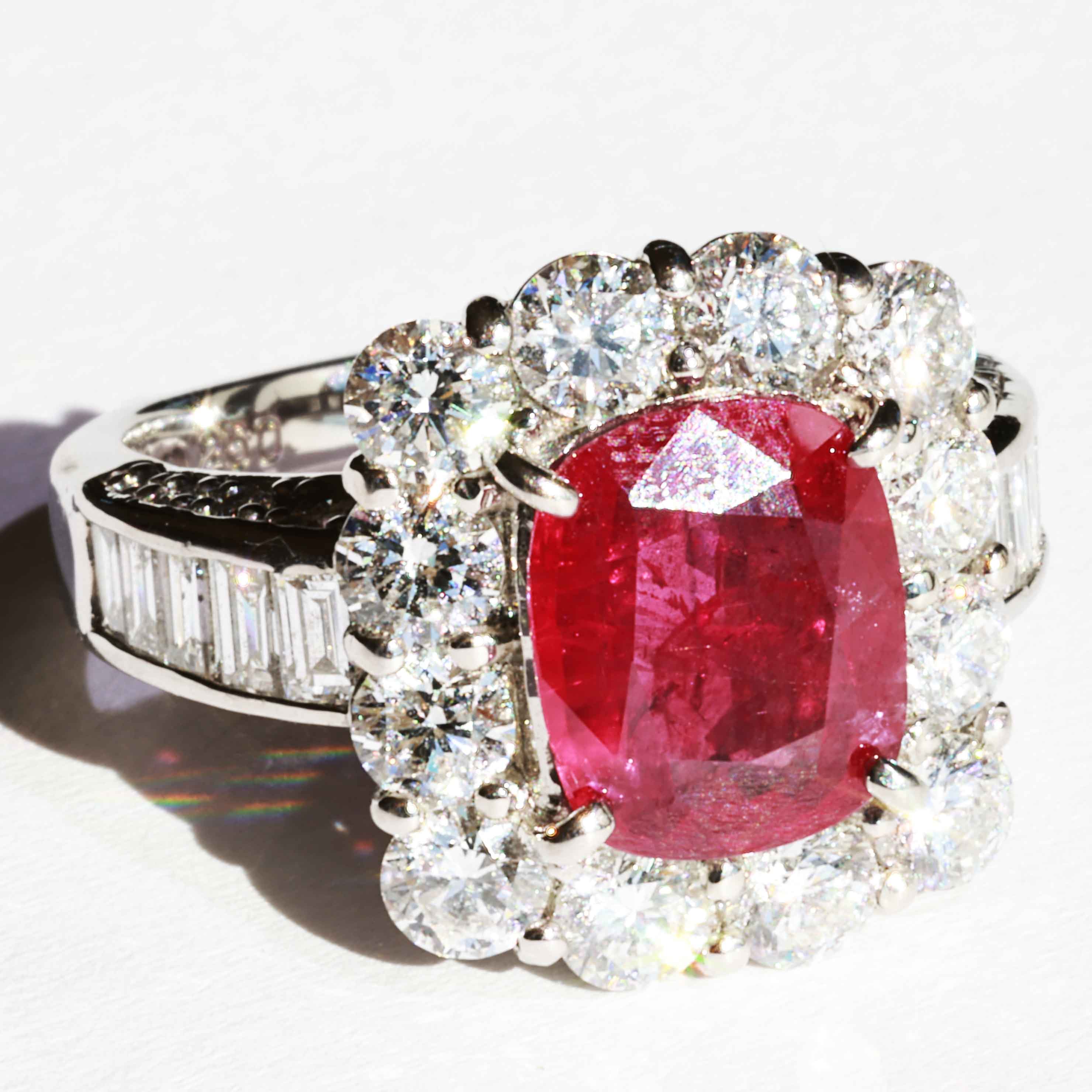 Unheated Burma Ruby Brilliant Ring 2.60 ct 2.38 ct Myanmar 950 platinum GRS certificate
