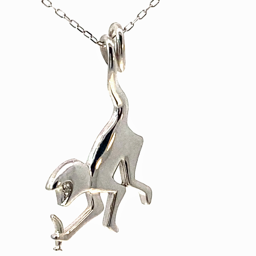 Monkey with Banana Pendant 750 White Gold Diamond 0.03 ct with Chain 37 x 15 mm 2.5 grams