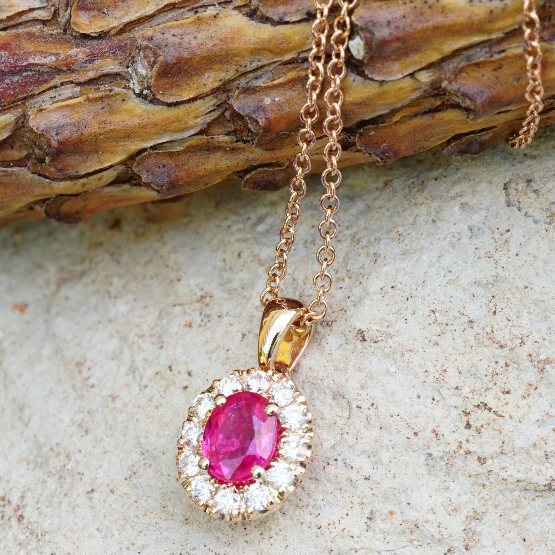 Ruby Diamond Pendant with Chain 18 kt Rose Gold.....the sweetest forever