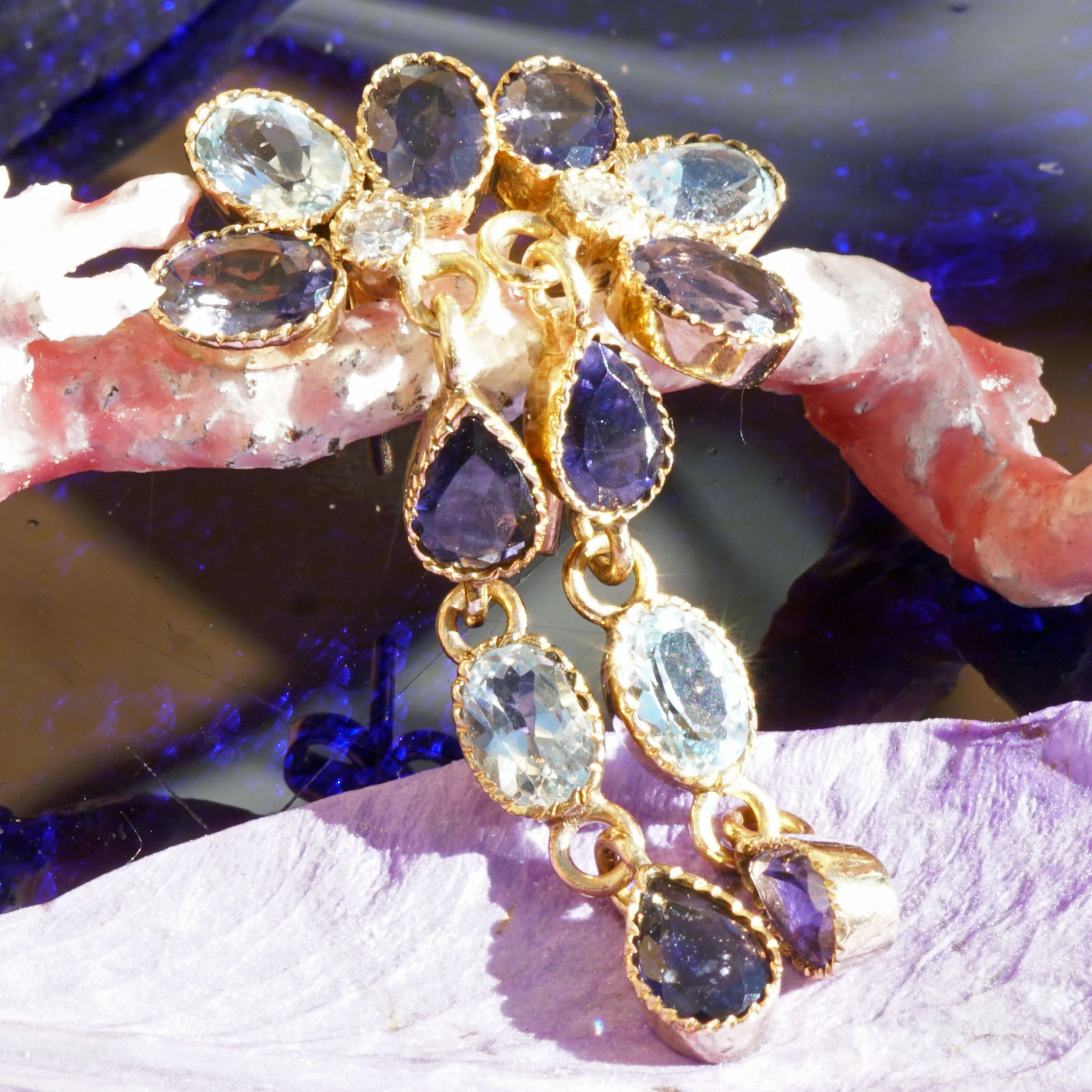 Aquamarin Iolith Brillant Ohrstecker Hänger in 585er Gelbgold Handarbeit