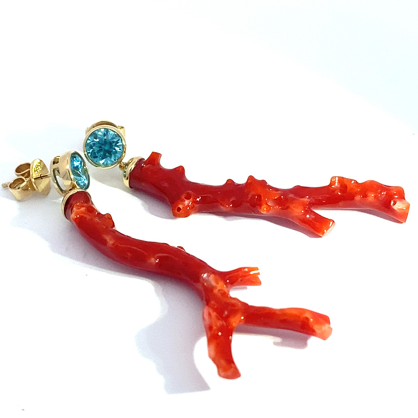 Coral Branch Blue Zircon Earrings 585 Yellow Gold... Immerse yourself in the world of the seas 2.35 ct 20 ct