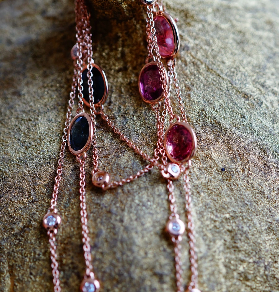 Spinell Brillant Collier 750er Rosegold 60 cm lang